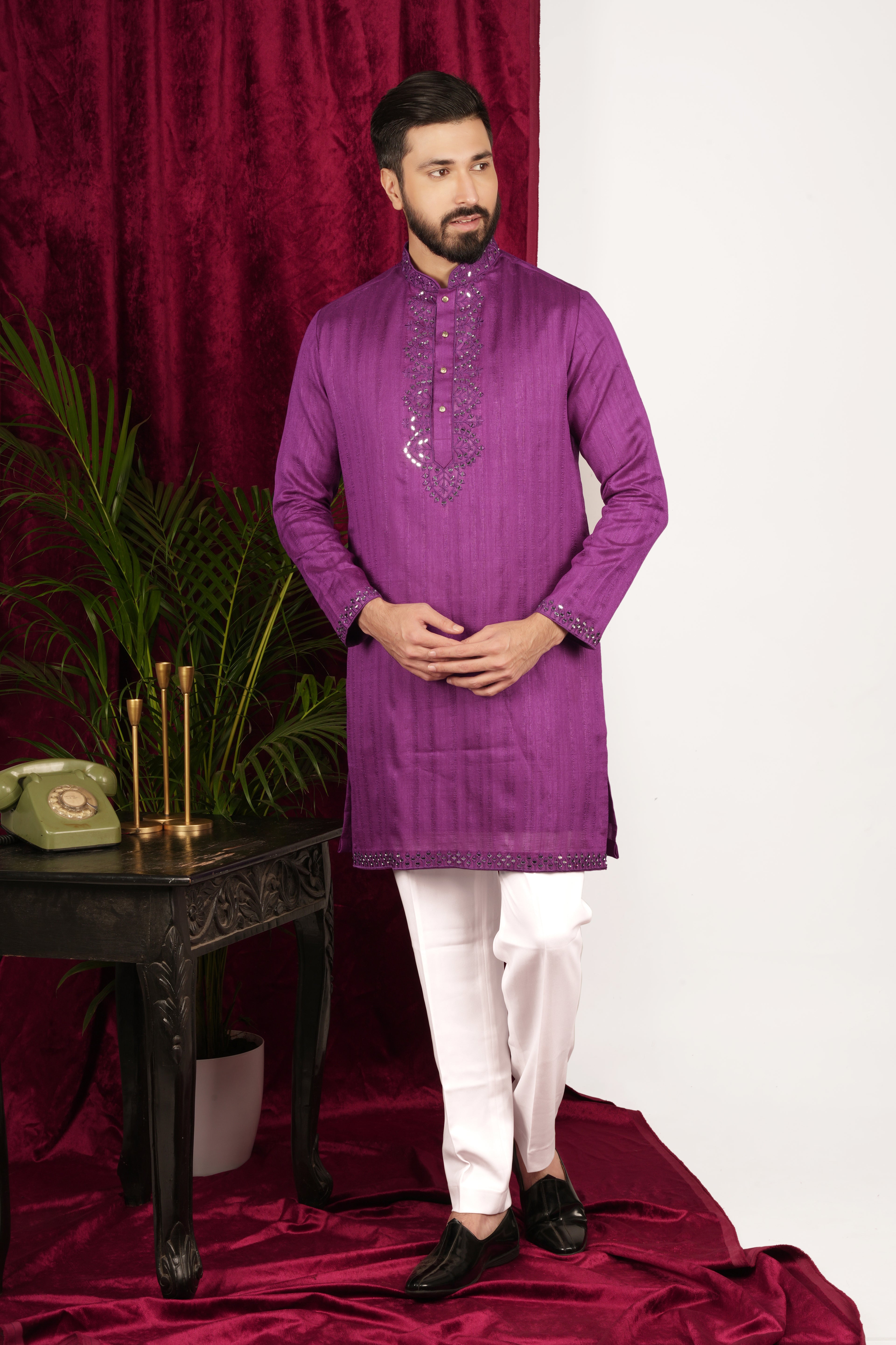 Purple Tussar Silk Mirror Hand Embroidered Kurta Set