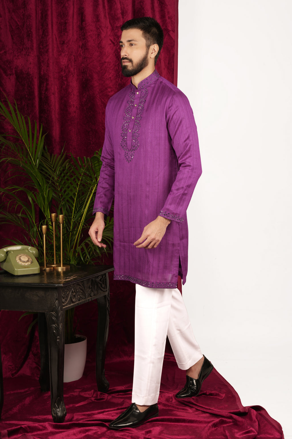 Purple Tussar Silk Mirror Hand Embroidered Kurta Set