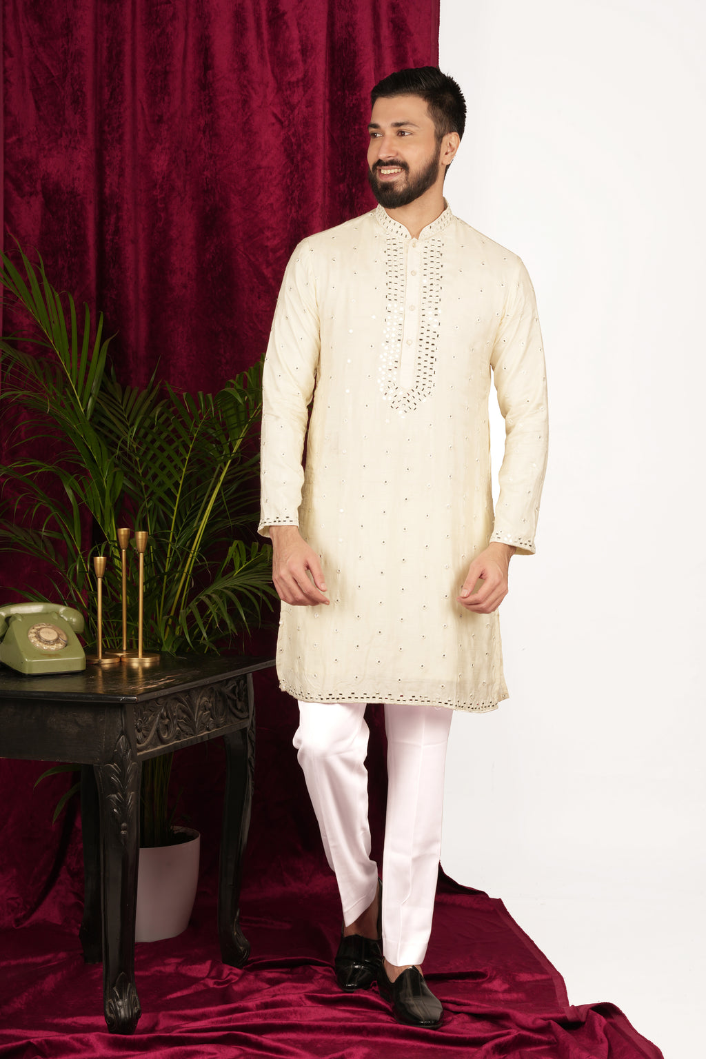 Creme Silk Mirror Embroidered Kurta Set