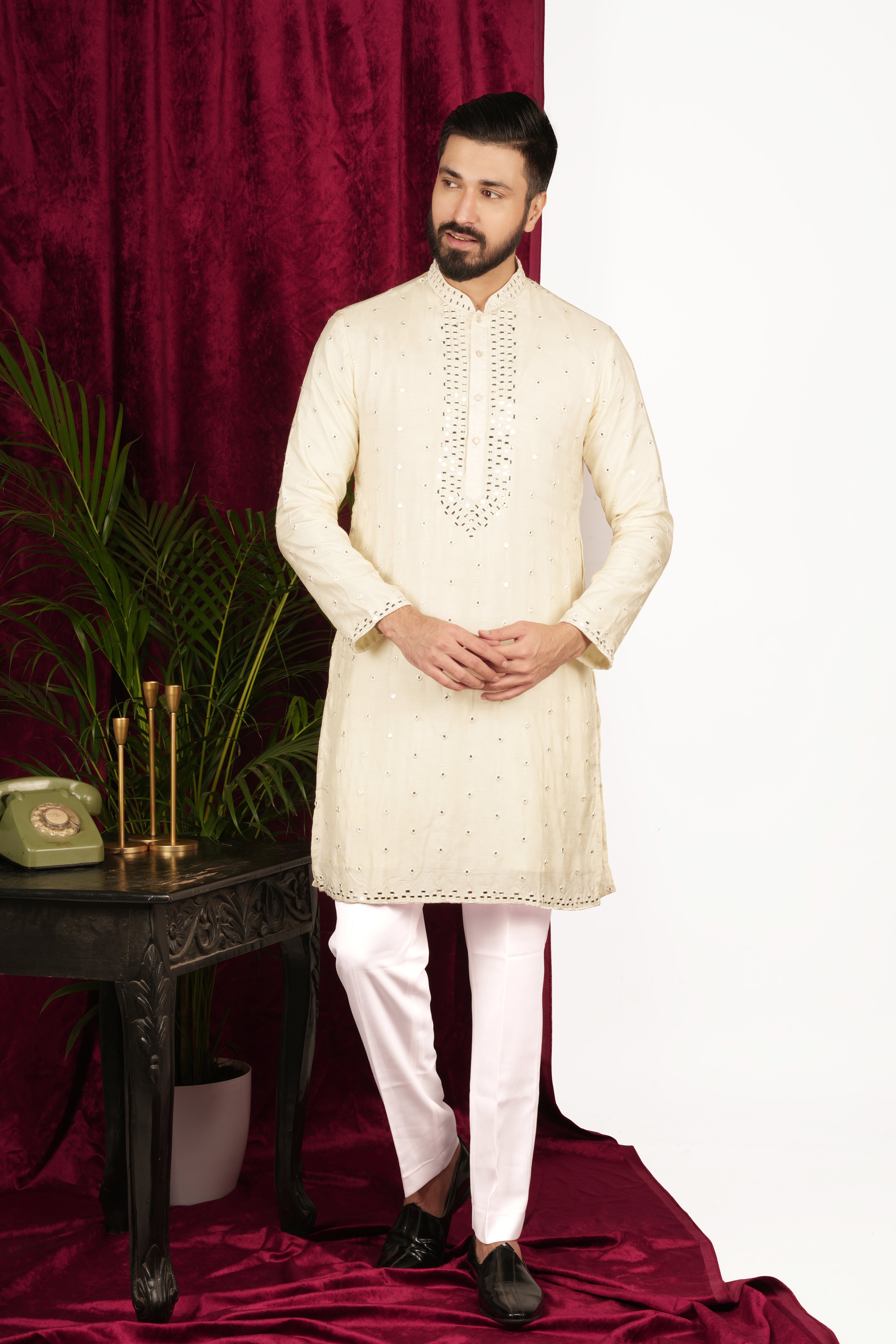 Creme Silk Mirror Embroidered Kurta Set