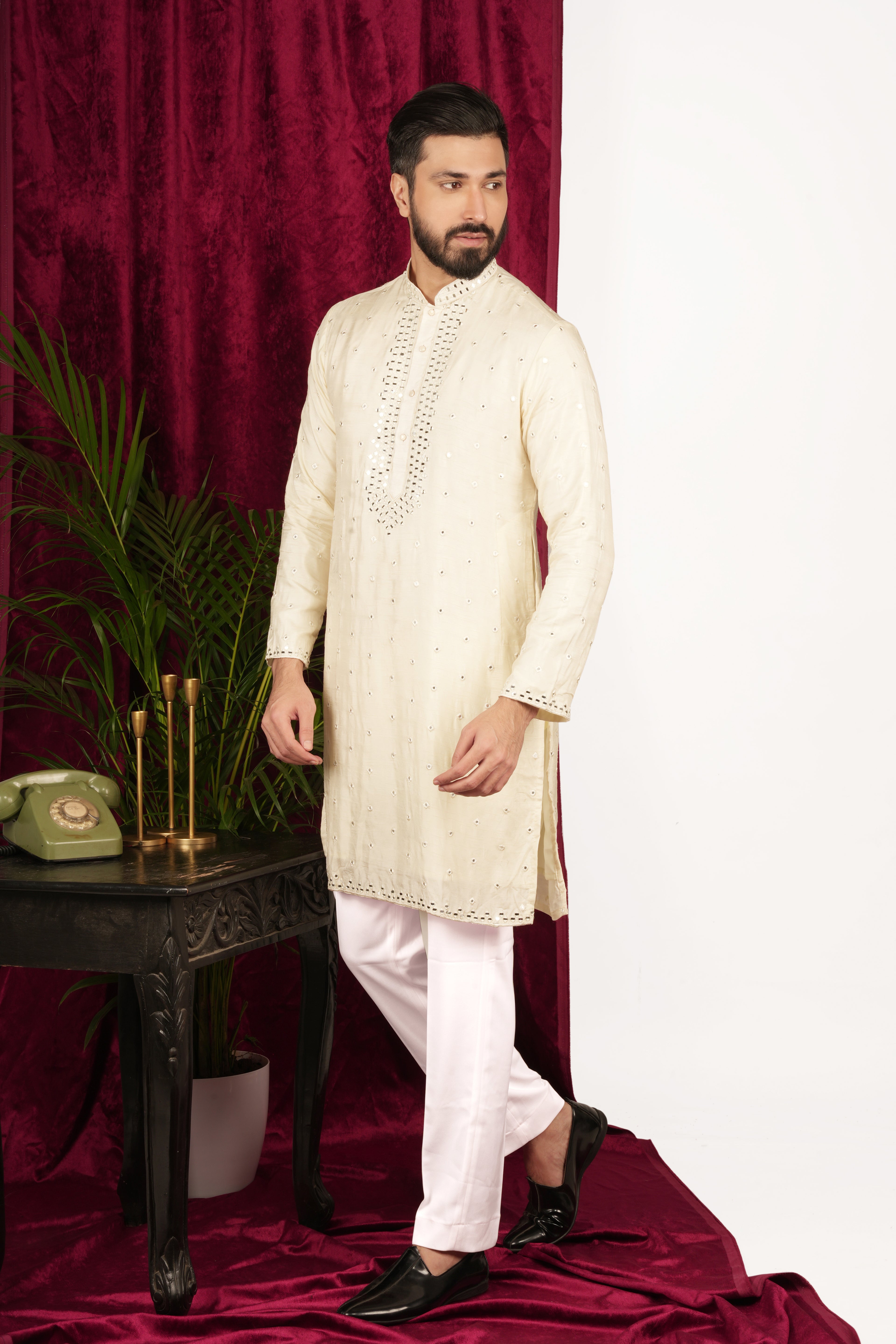 Creme Silk Mirror Embroidered Kurta Set