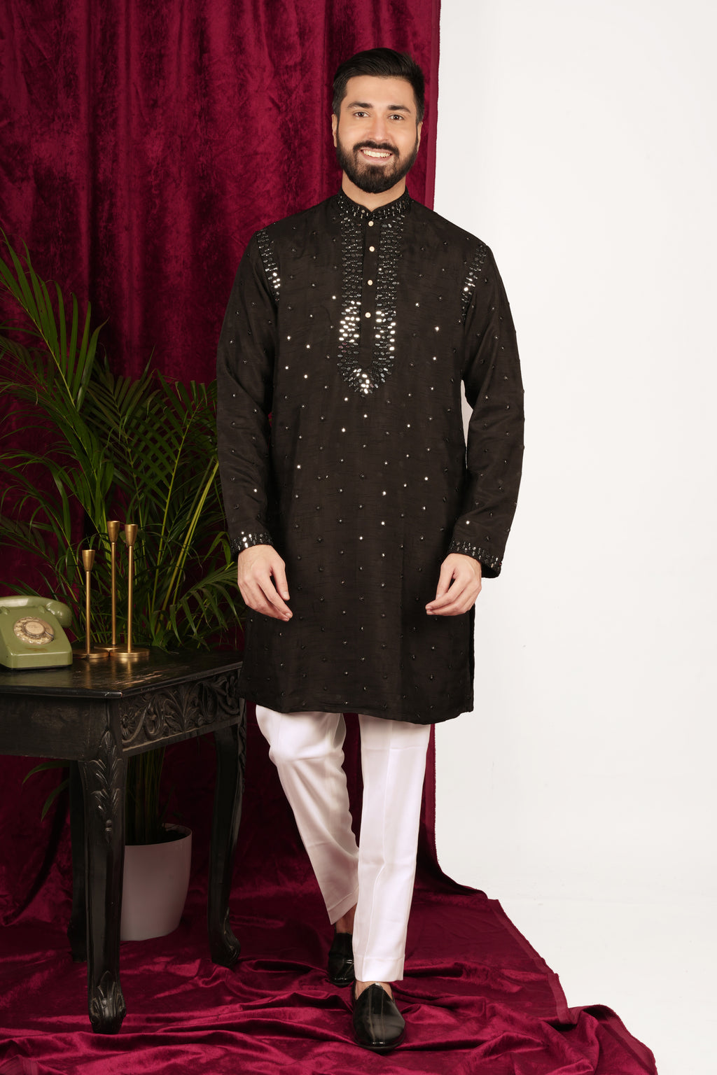 Black Silk Mirror Embroidered Kurta Set