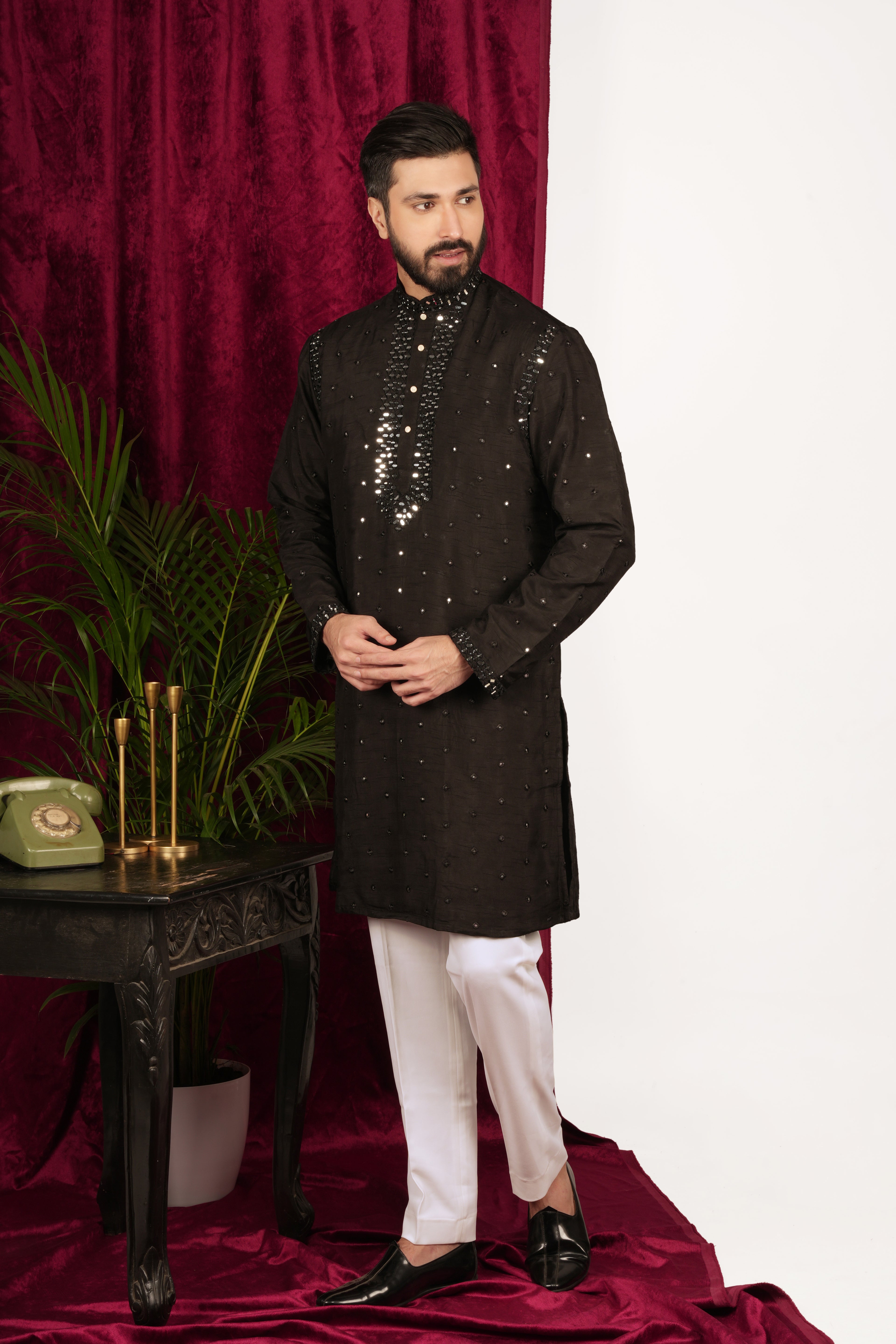 Black Silk Mirror Embroidered Kurta Set