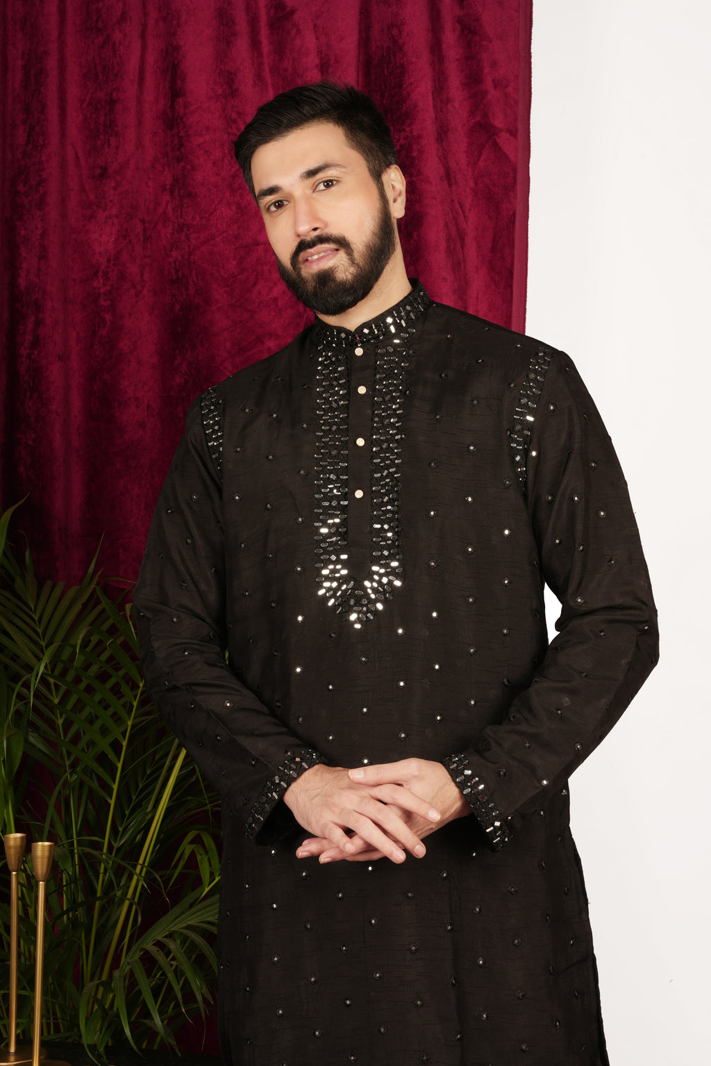 Black Silk Mirror Embroidered Kurta Set