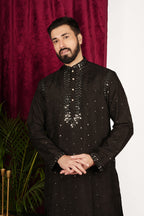 Black Silk Mirror Embroidered Kurta Set