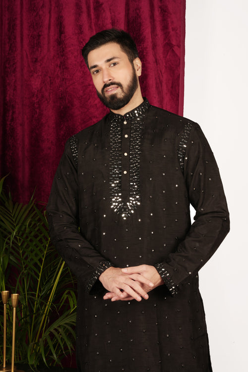 Black Silk Mirror Embroidered Kurta Set