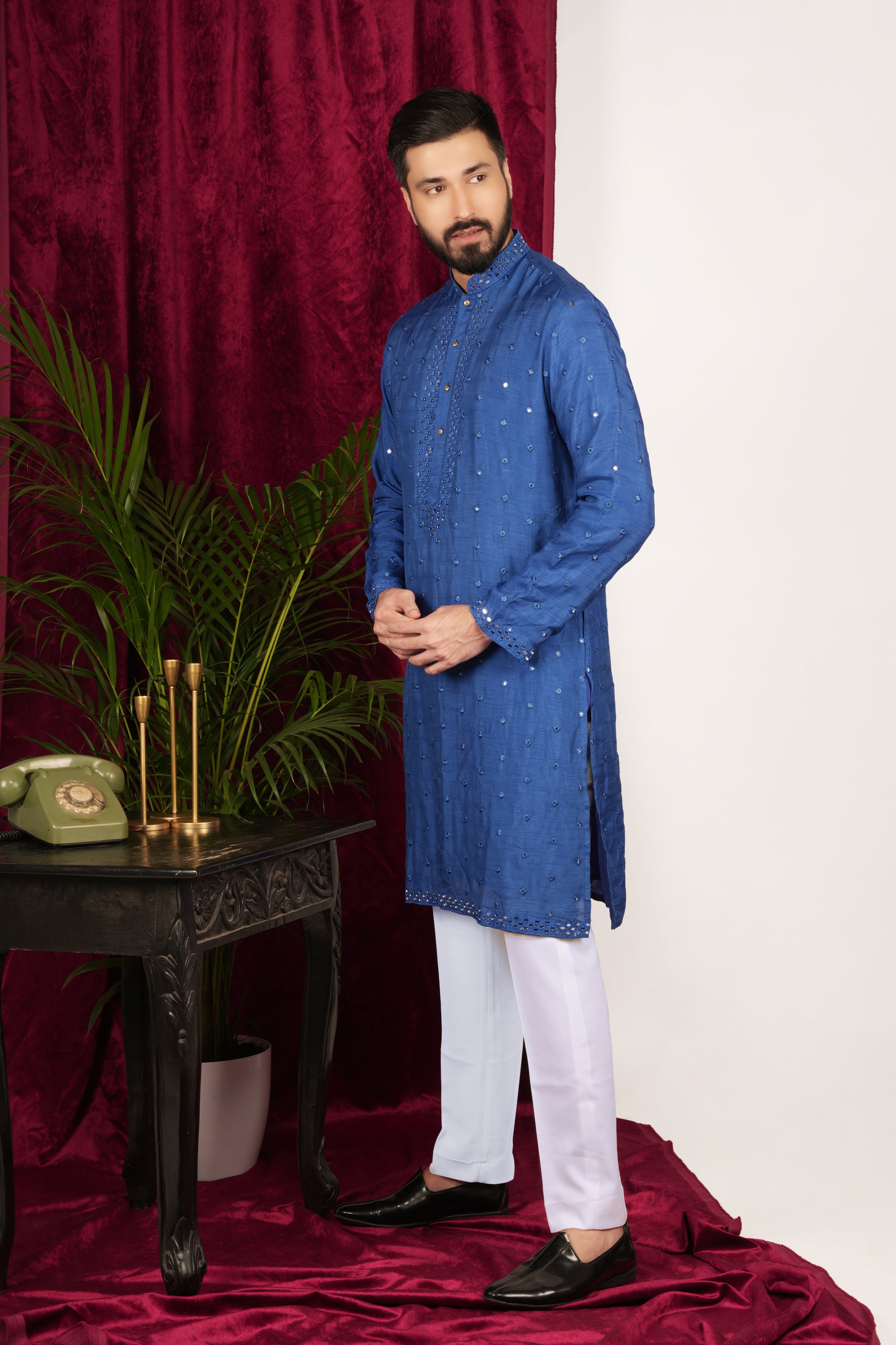 Bright Blue Silk Embroidered Kurta Set