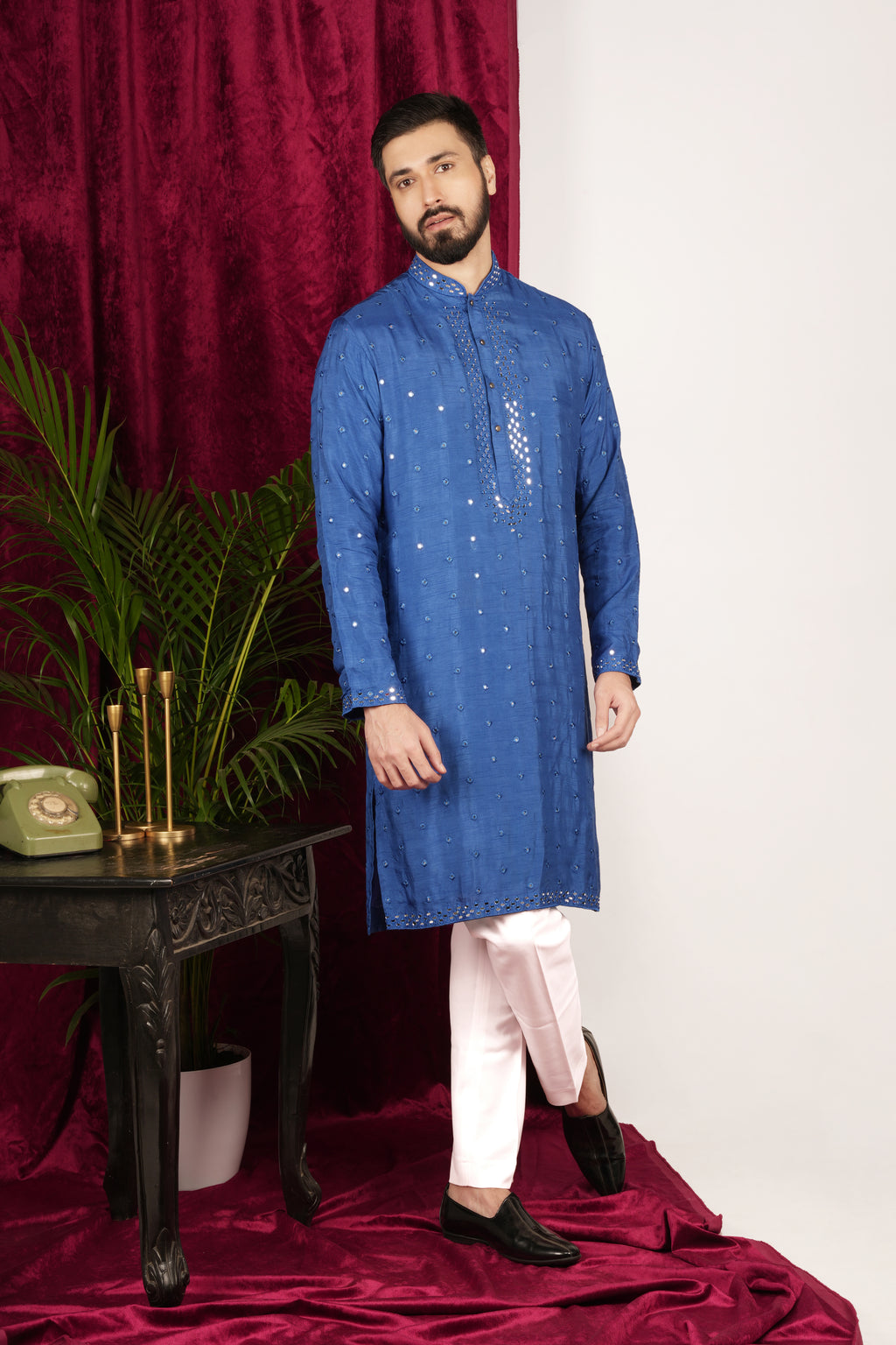 Bright Blue Silk Embroidered Kurta Set