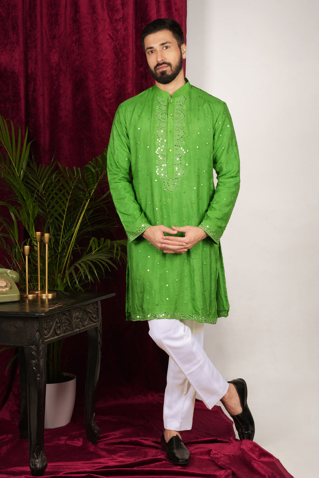 Bright Green Silk Embroidered Kurta Set
