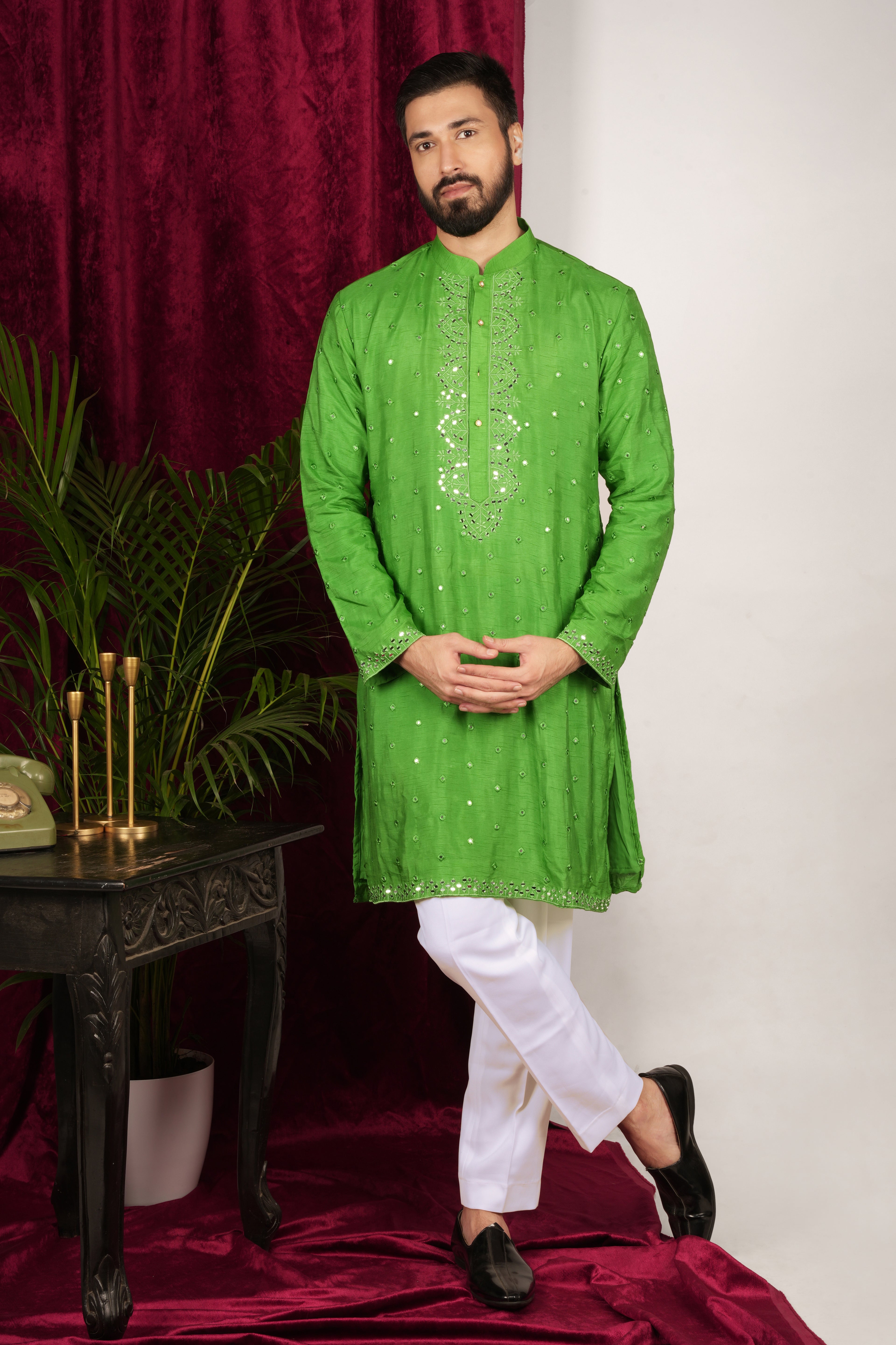 Bright Green Silk Embroidered Kurta Set