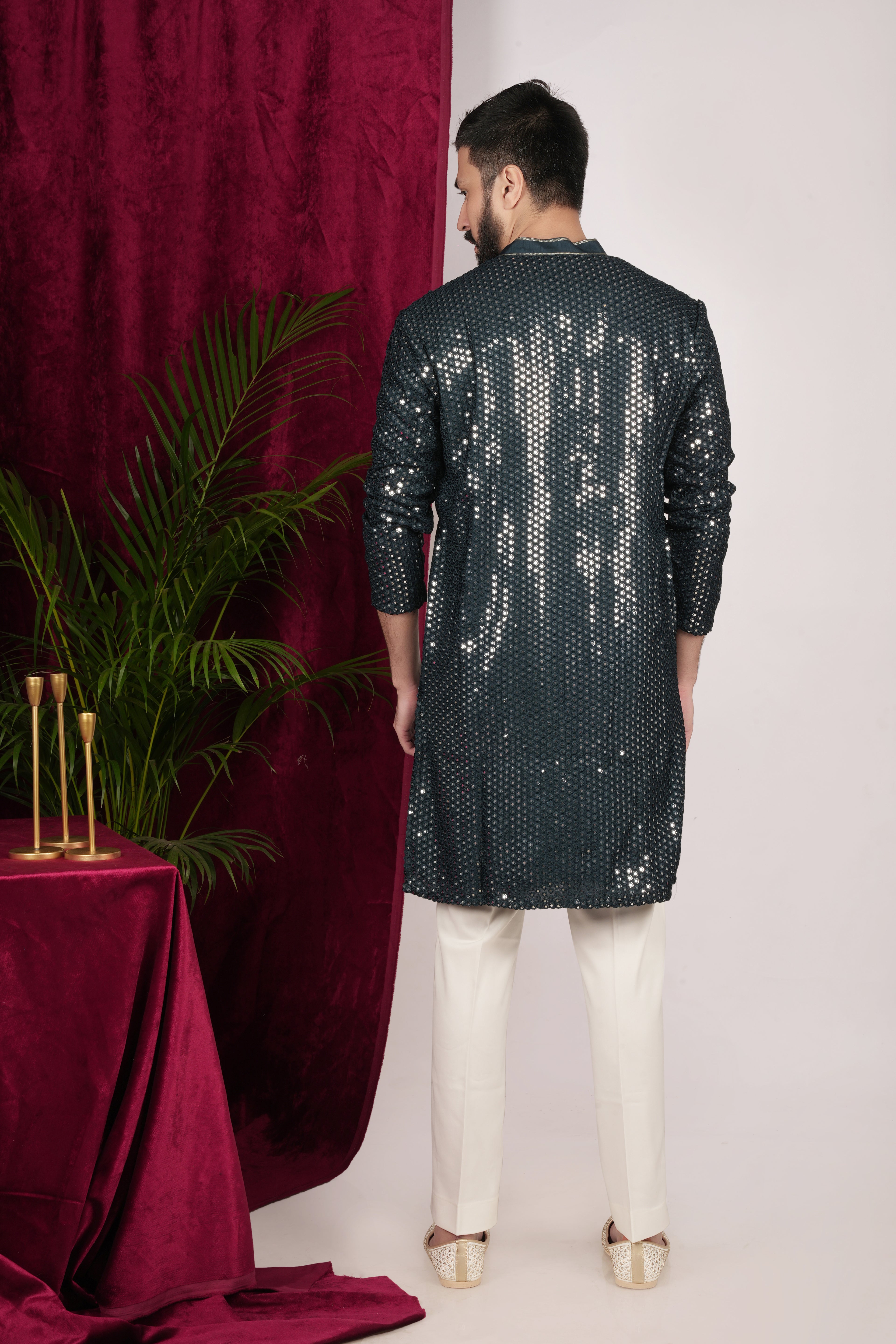 Teal Green Faux Silk Mirror Embroidered Kurta Set