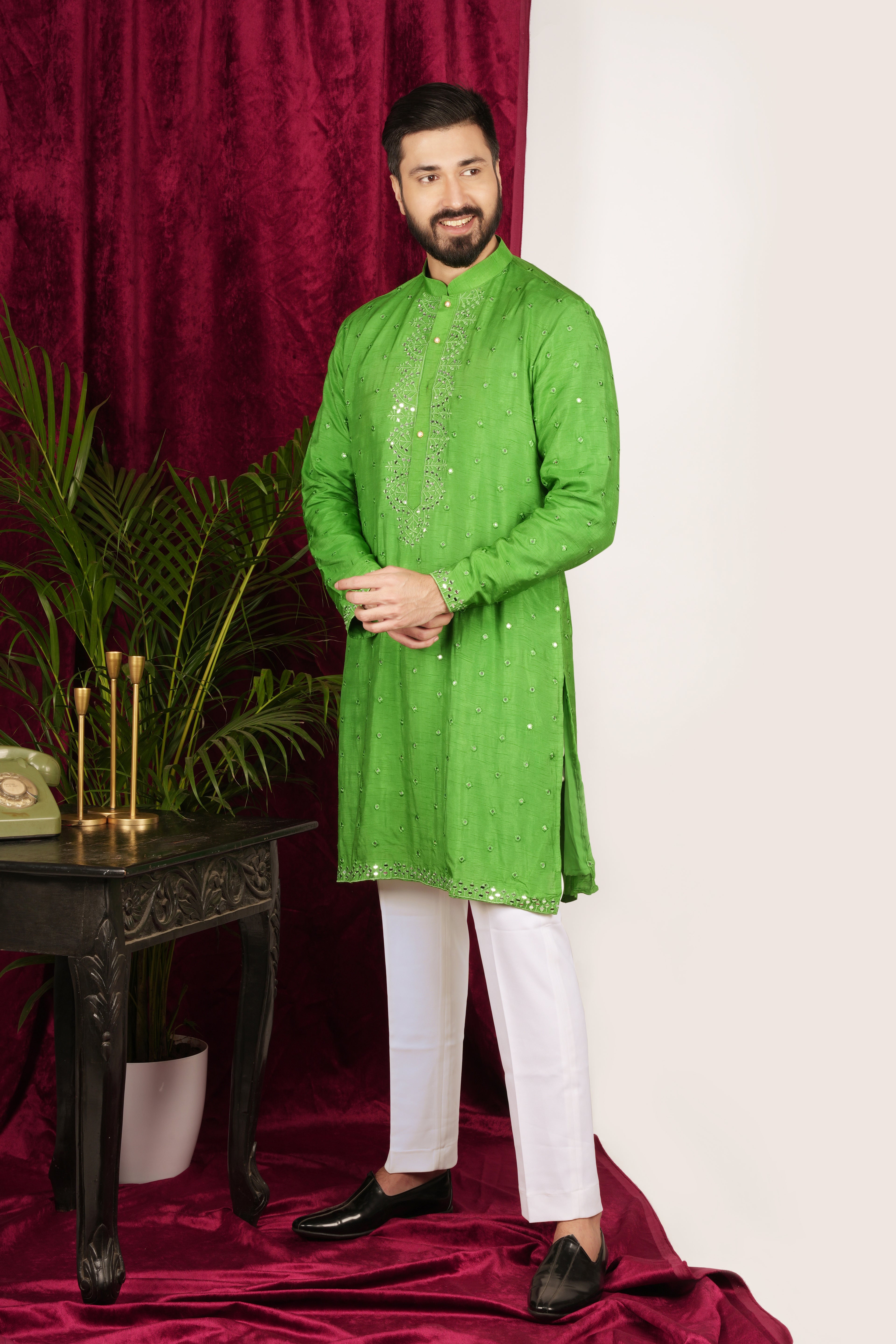 Bright Green Silk Embroidered Kurta Set