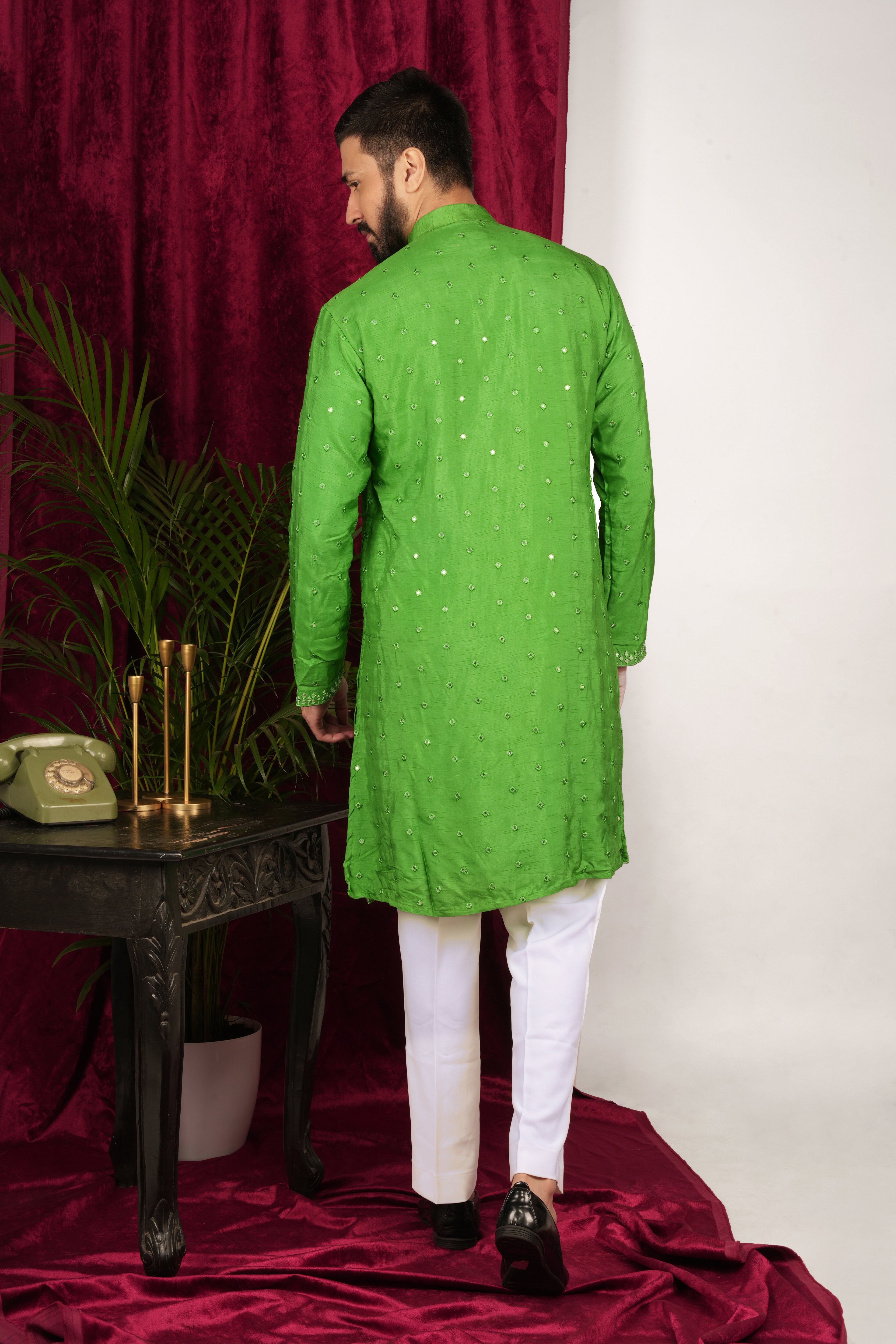 Bright Green Silk Embroidered Kurta Set