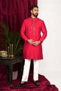 Red Tussar Silk Mirror Hand Embroidered Kurta Set