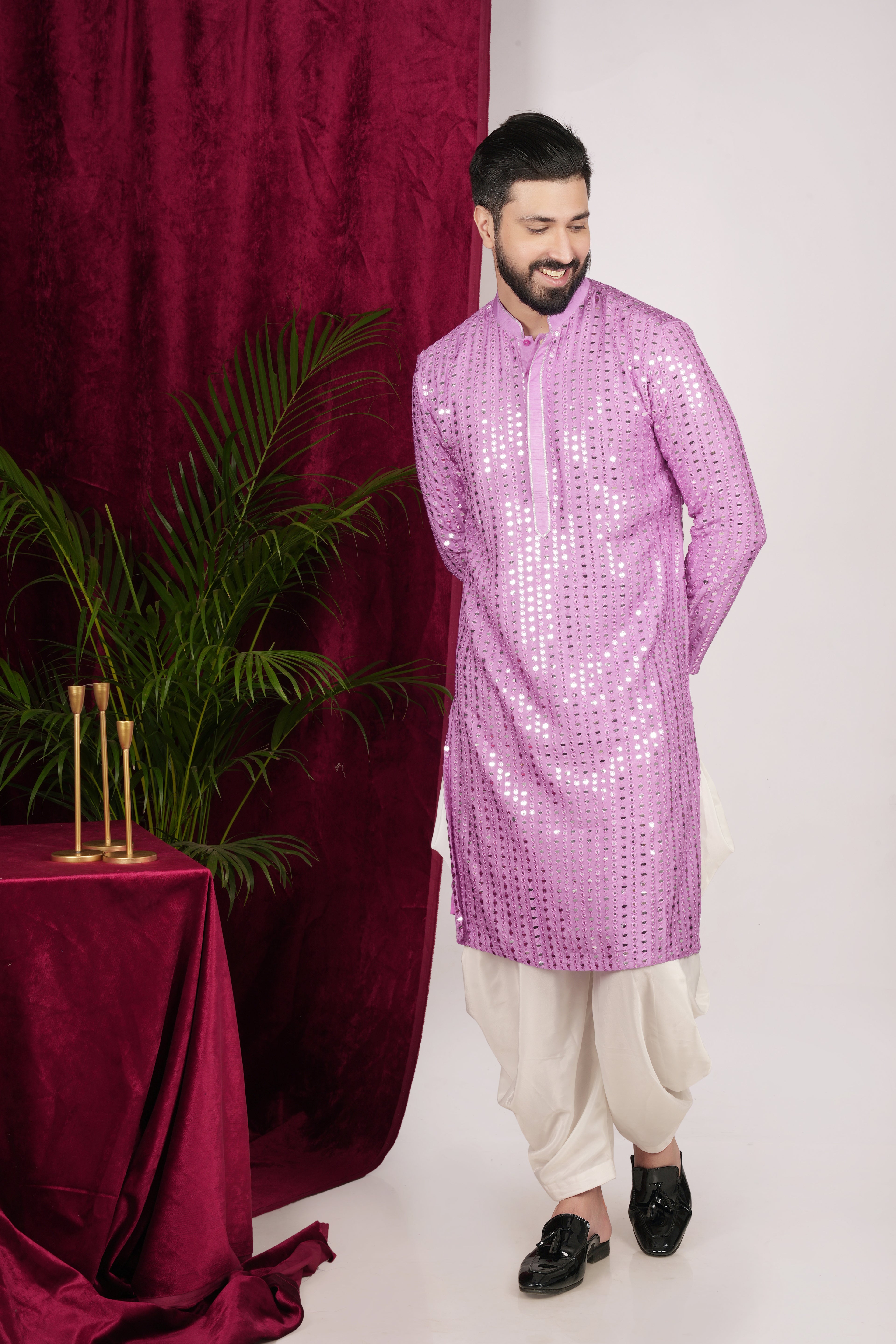 Purple Silk Mirror Embroidered Kurta Set