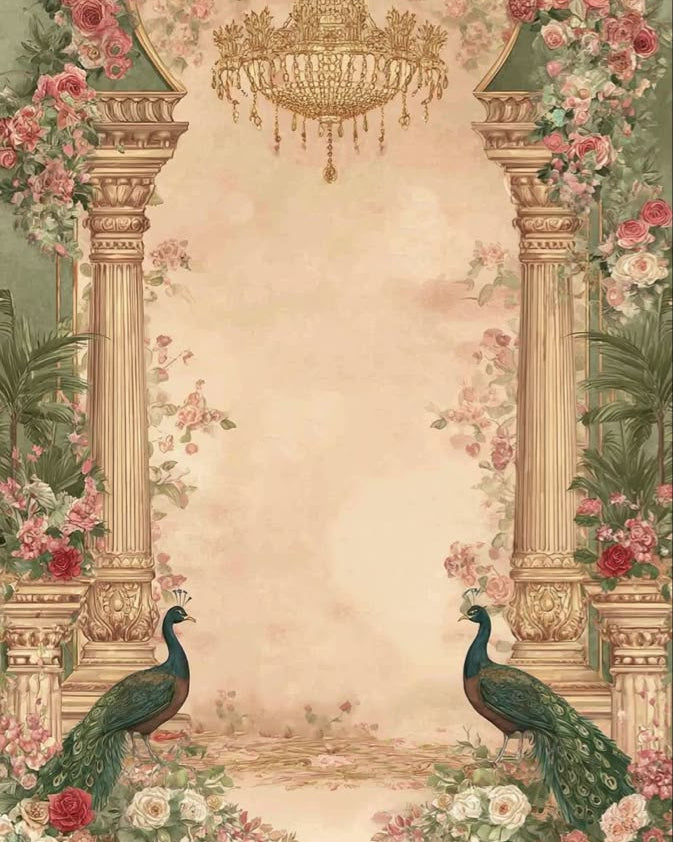 A decorative vintage-style floral arch scene with two peacocks at the base, a chandelier hanging at the top center, and pink flowers framing an ornate cream doorway against a soft sage-green background | Aditya Bhardwaj