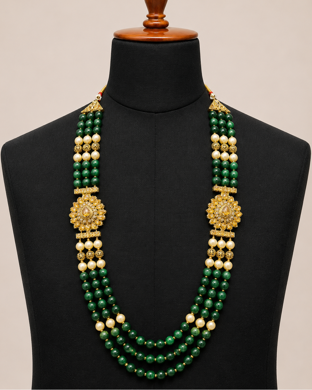 Green Beaded Layered Kundan Mala