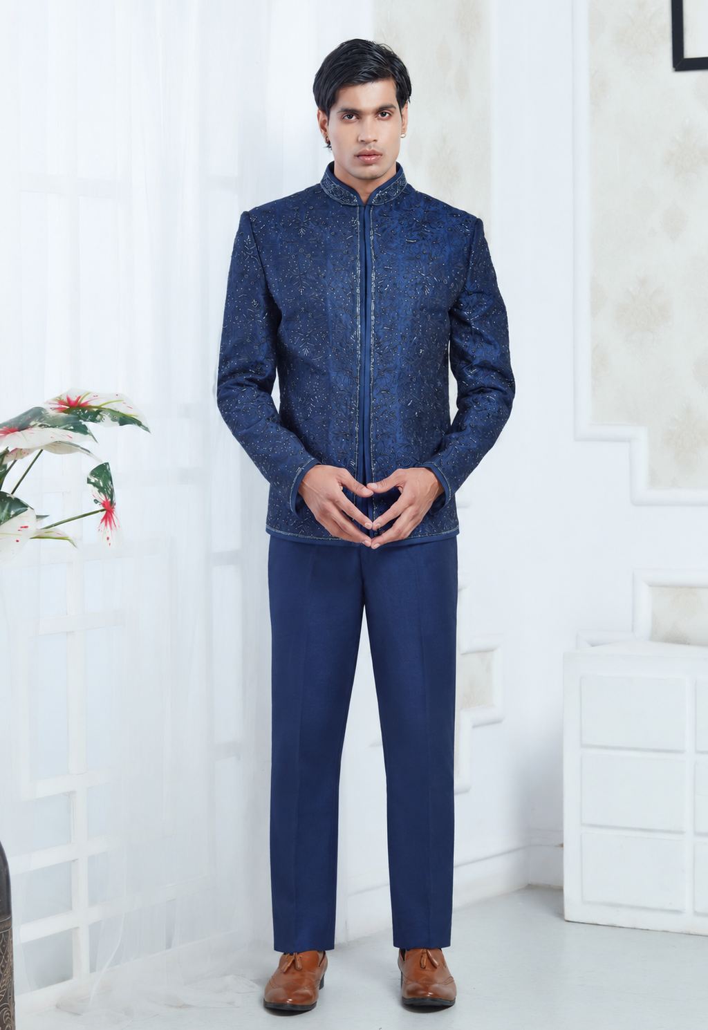 Blue Silk Embroidered Jodhpuri Set