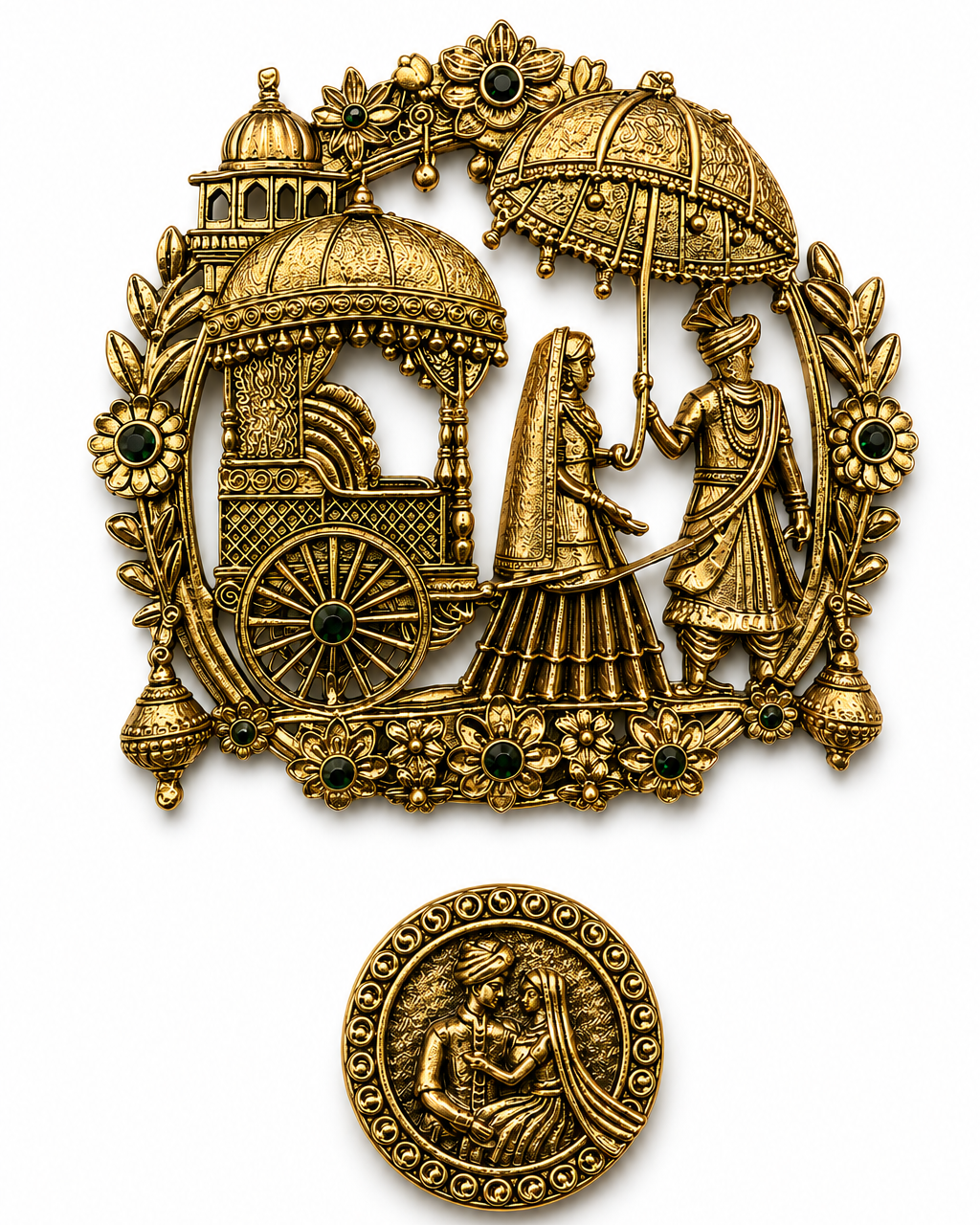 Bride and Groom Brooch and Button with Green Stone Highlights
