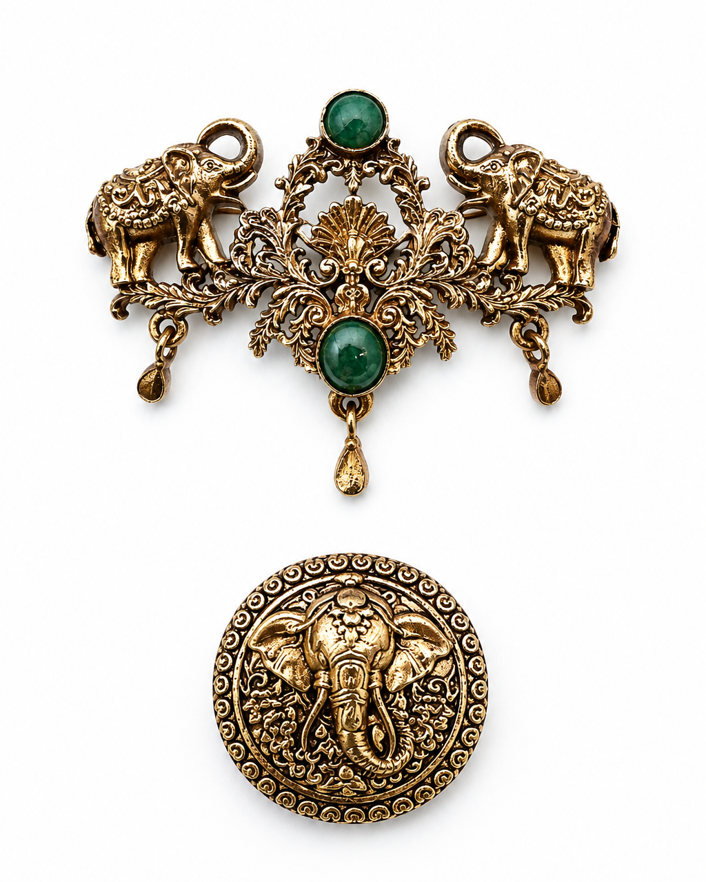 Golden Elephant Brooch with Green Stones