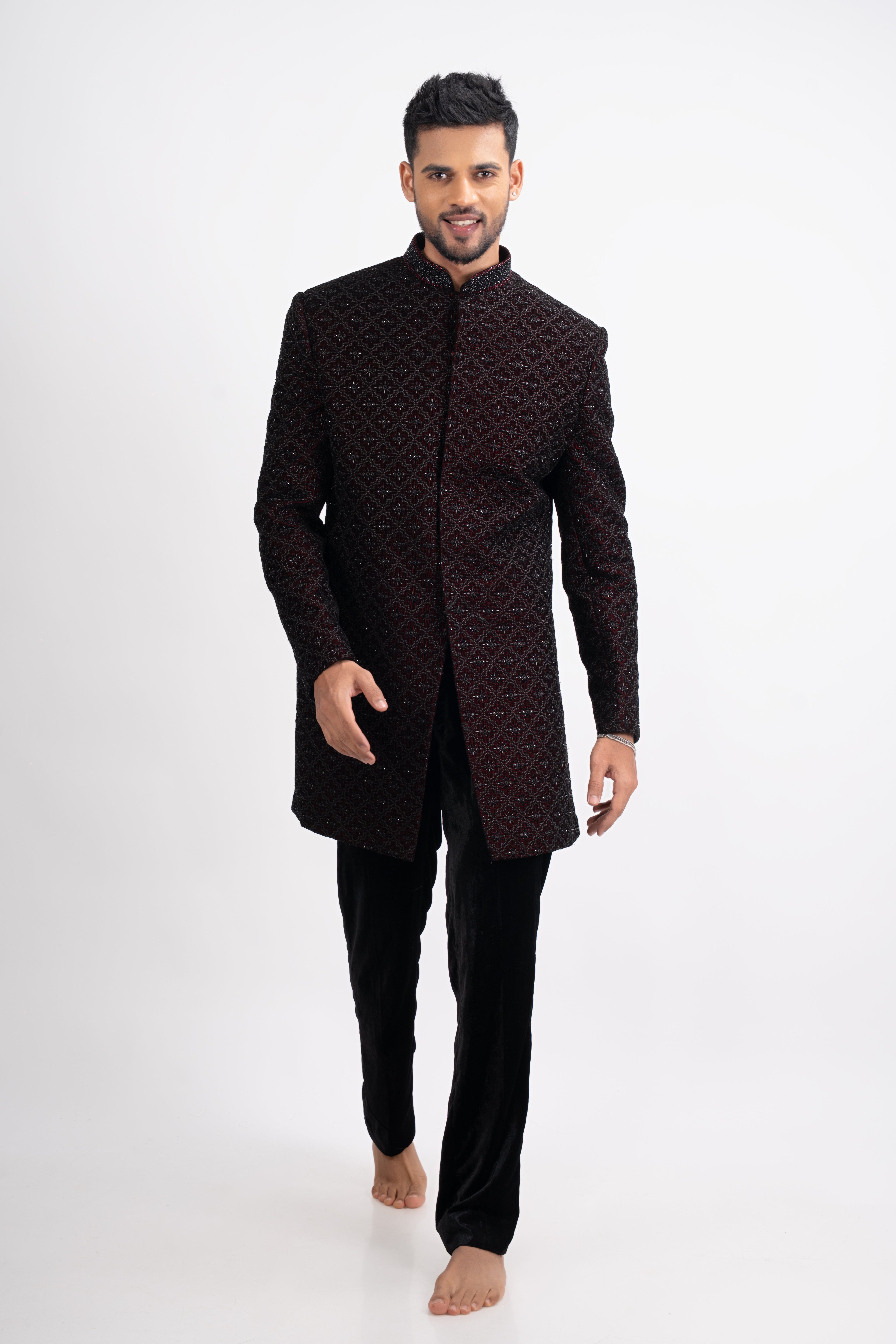 Maroon Velvet Cutdana Bandhgala Indo Western Set