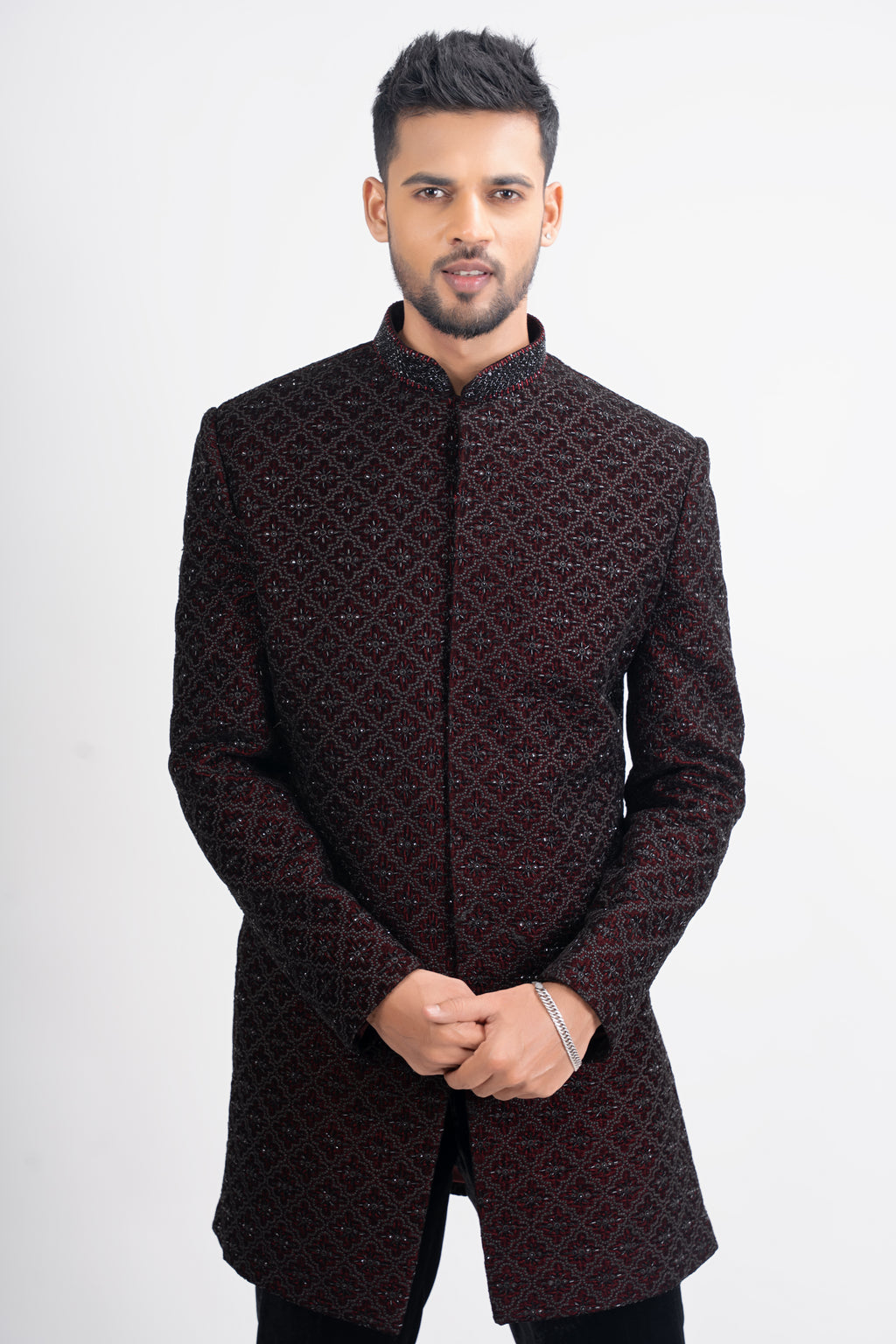 Maroon Velvet Cutdana Bandhgala Indo Western Set