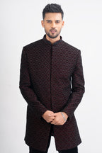 Maroon Velvet Cutdana Bandhgala Indo Western Set