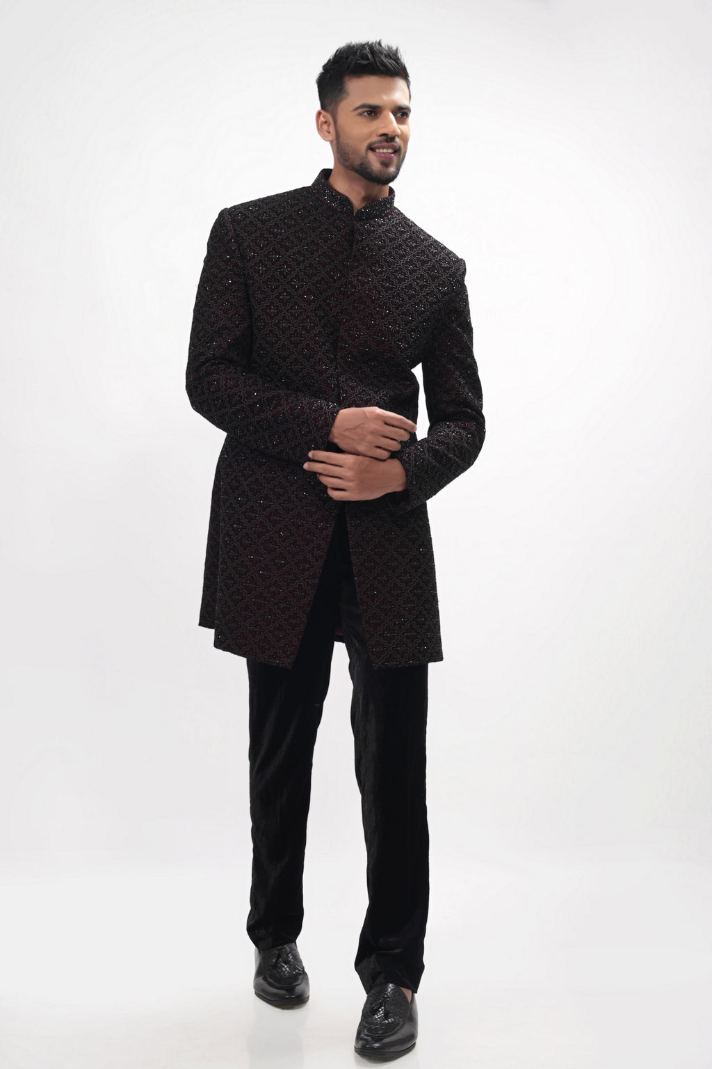Maroon Velvet Cutdana Bandhgala Indo Western Set