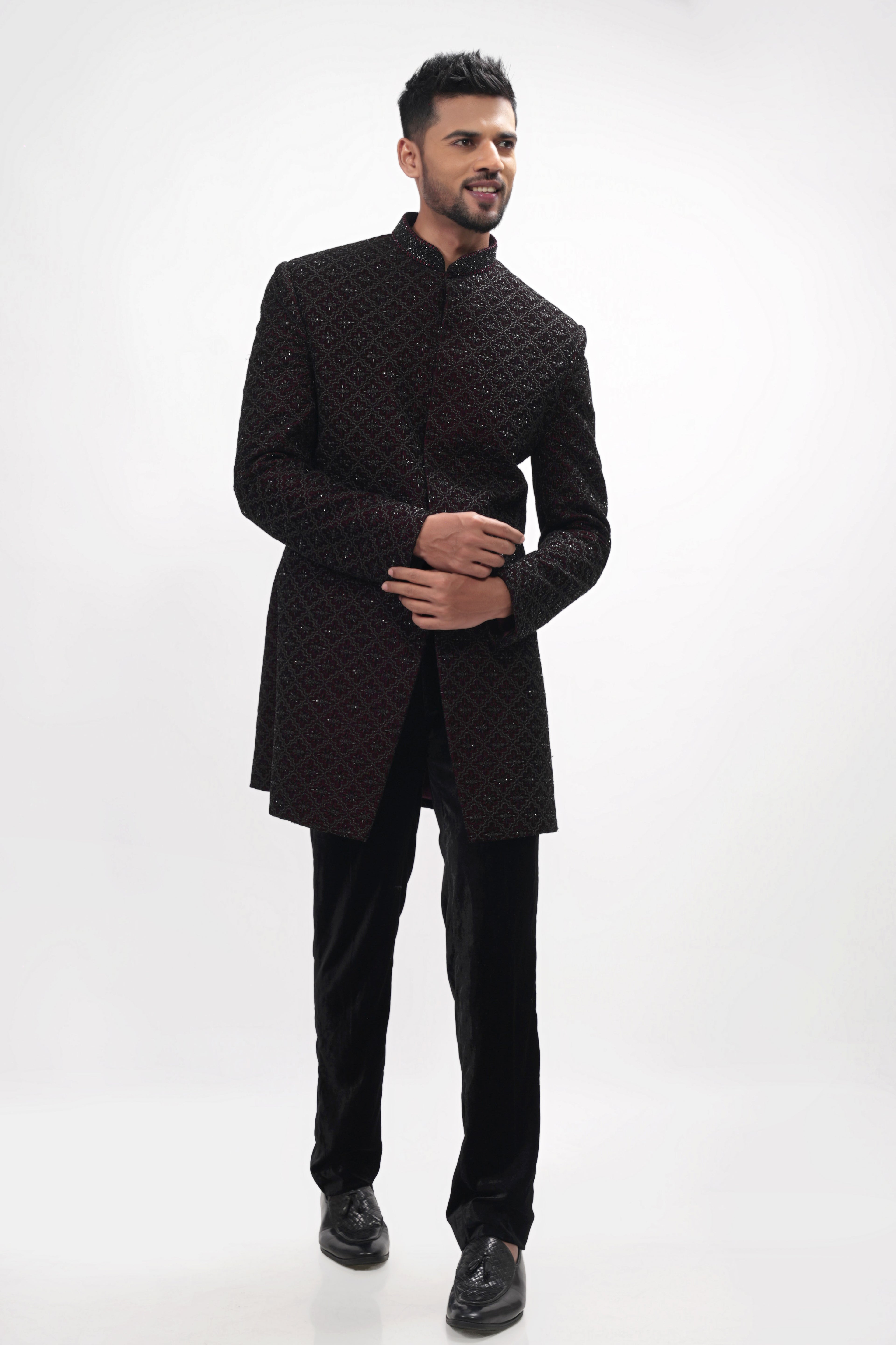 Maroon Velvet Cutdana Bandhgala Indo Western Set