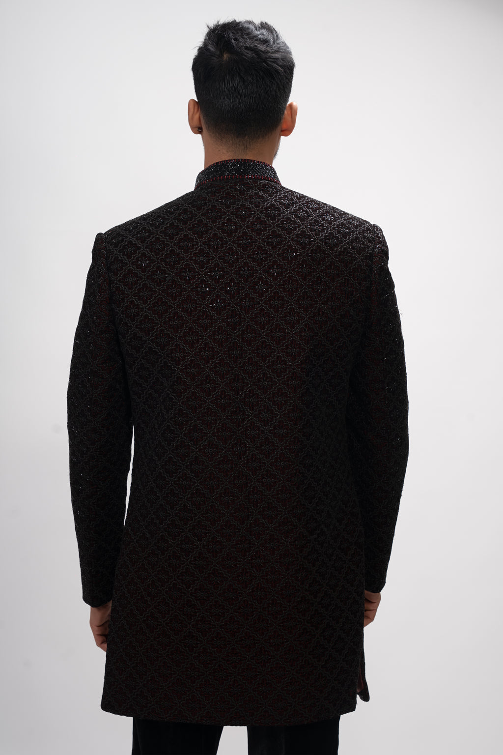 Maroon Velvet Cutdana Bandhgala Indo Western Set
