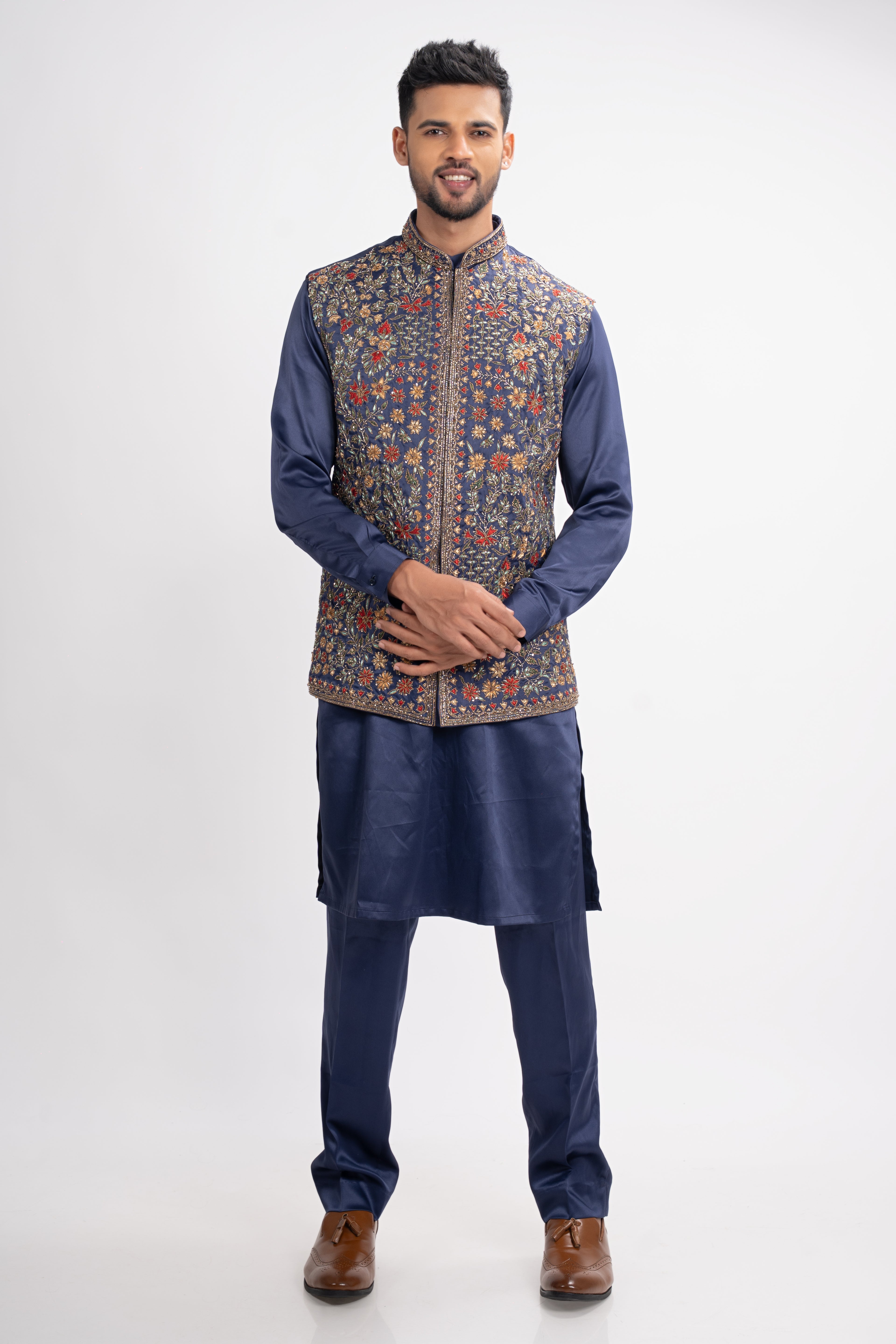 Blue Kurta with thread work on Bundi and Set with Pant