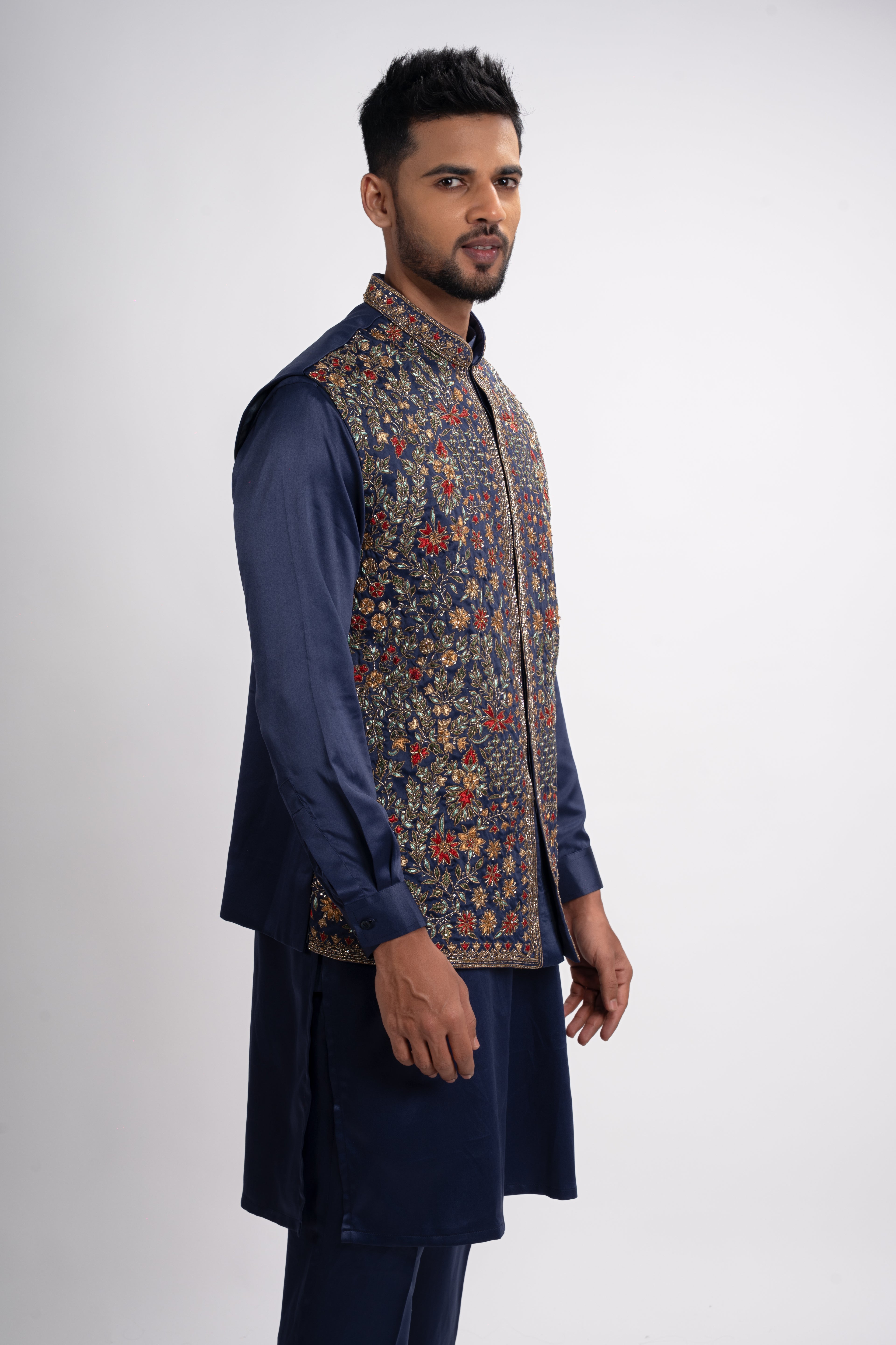 Blue Kurta with thread work on Bundi and Set with Pant