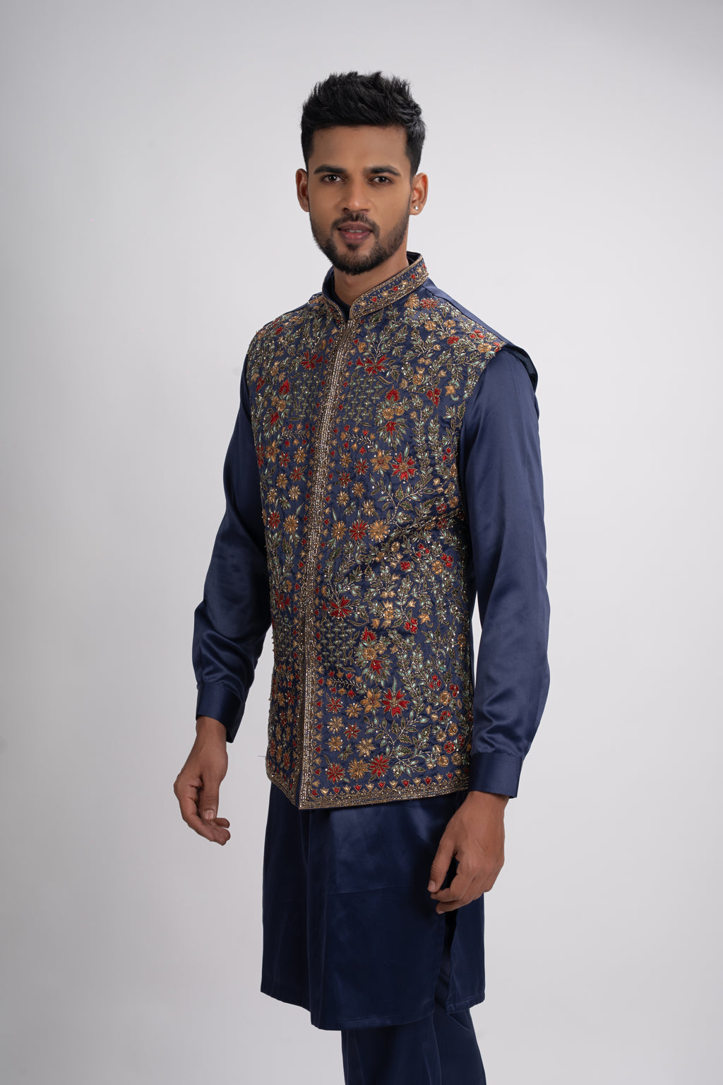 Blue Kurta with thread work on Bundi and Set with Pant