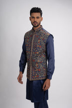Blue Kurta with thread work on Bundi and Set with Pant