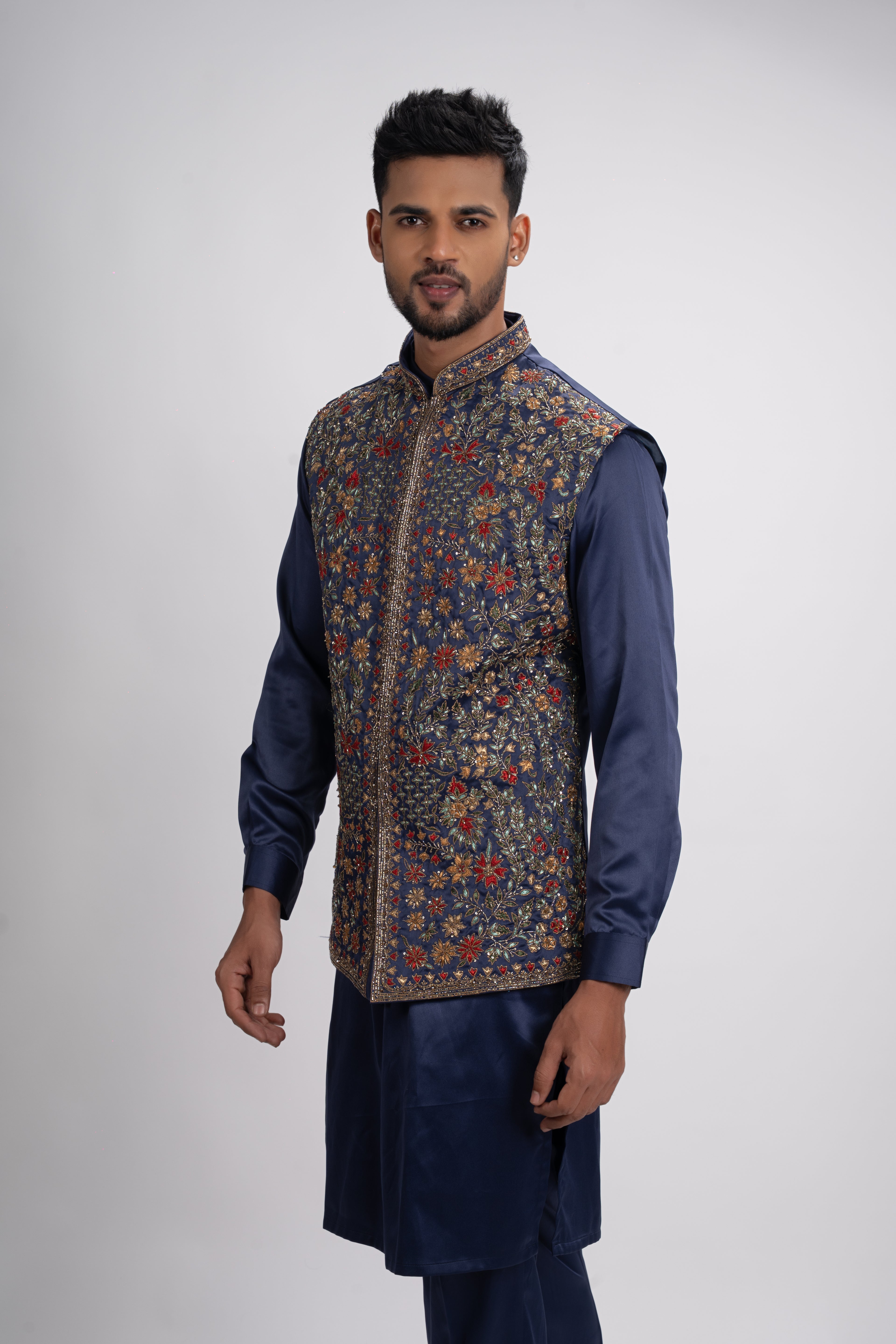 Blue Kurta with thread work on Bundi and Set with Pant