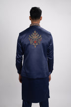 Blue Kurta with thread work on Bundi and Set with Pant
