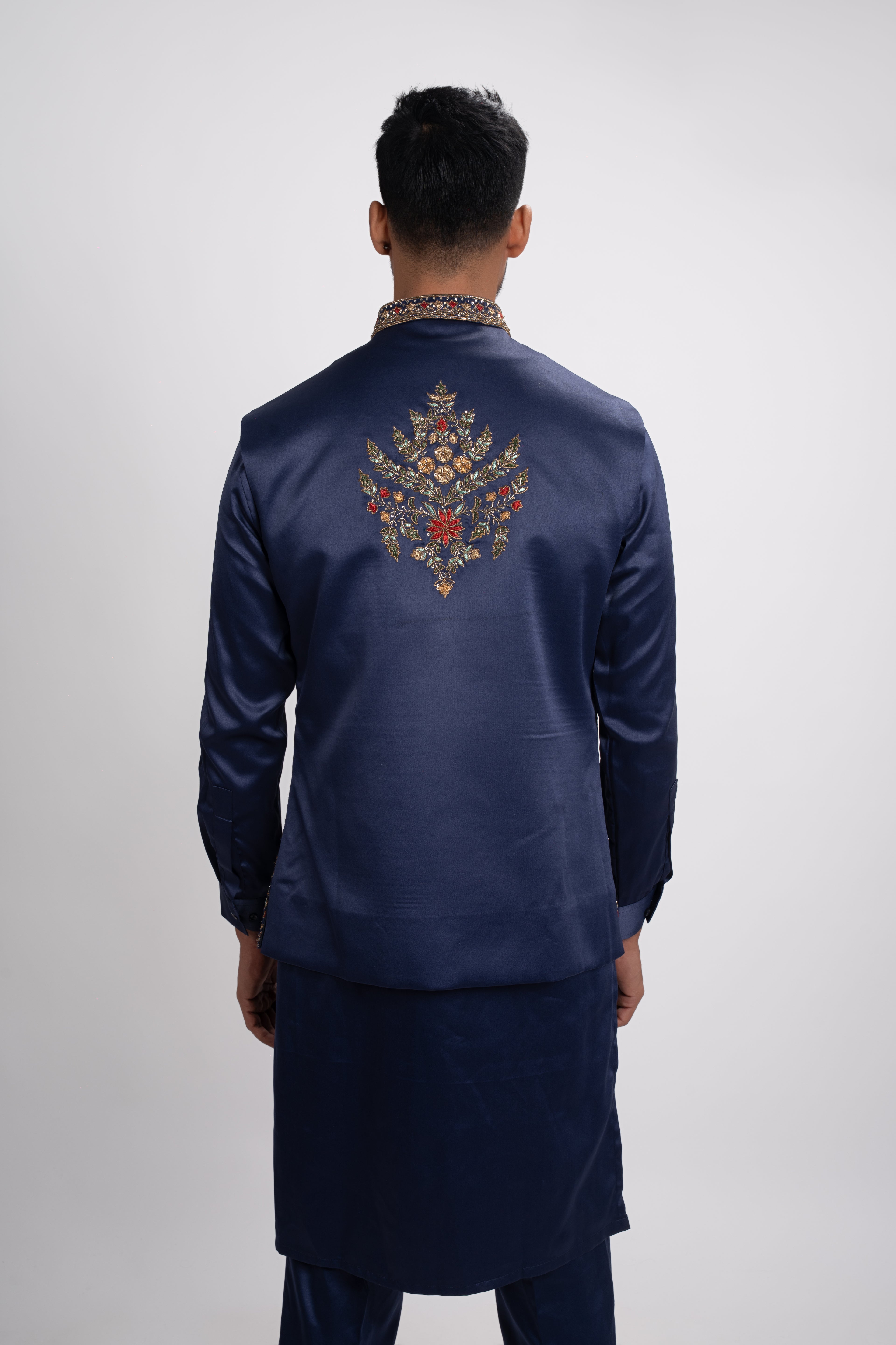 Blue Kurta with thread work on Bundi and Set with Pant