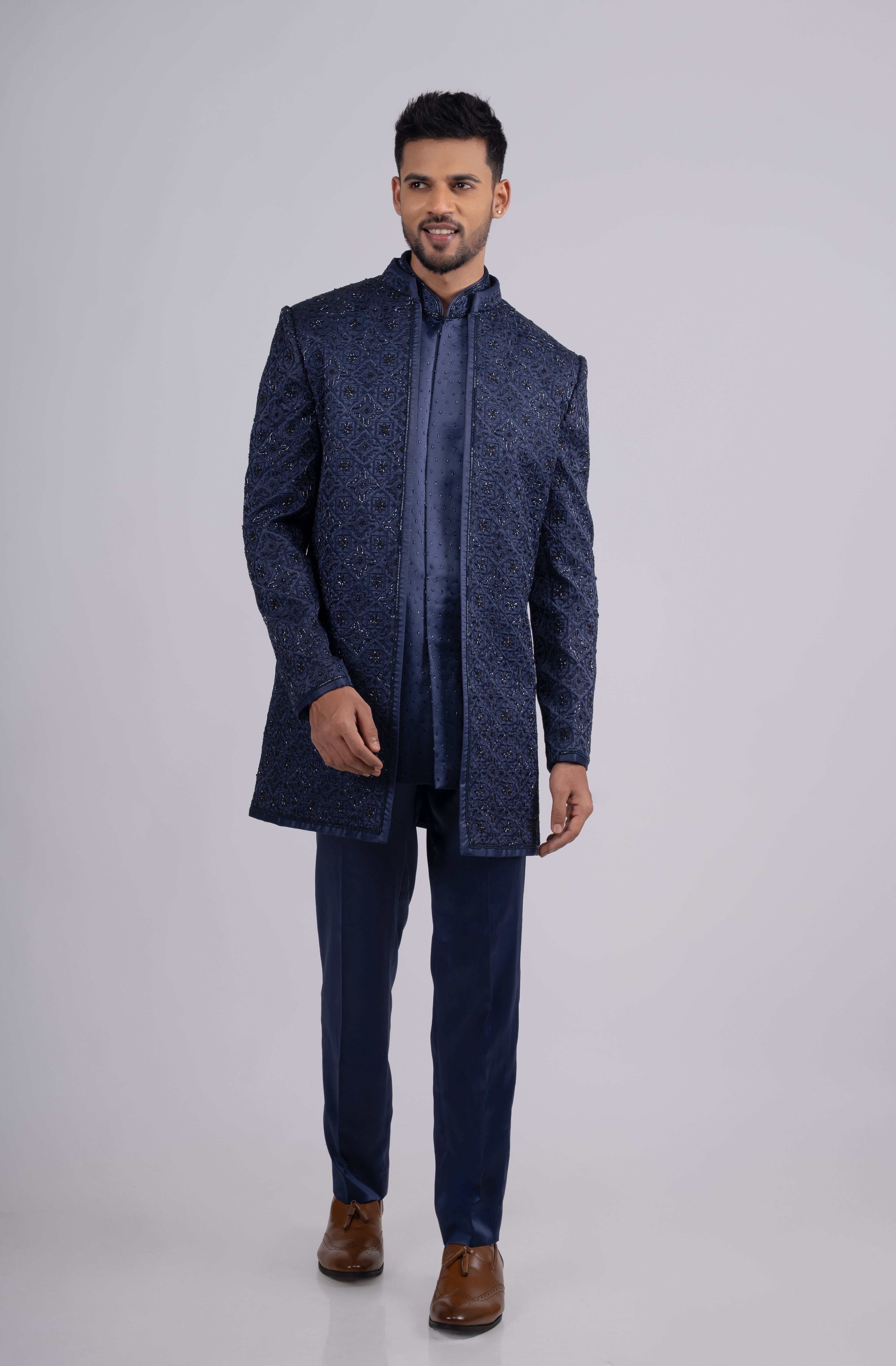 Blue Silk Embroidered Open Jacket Set
