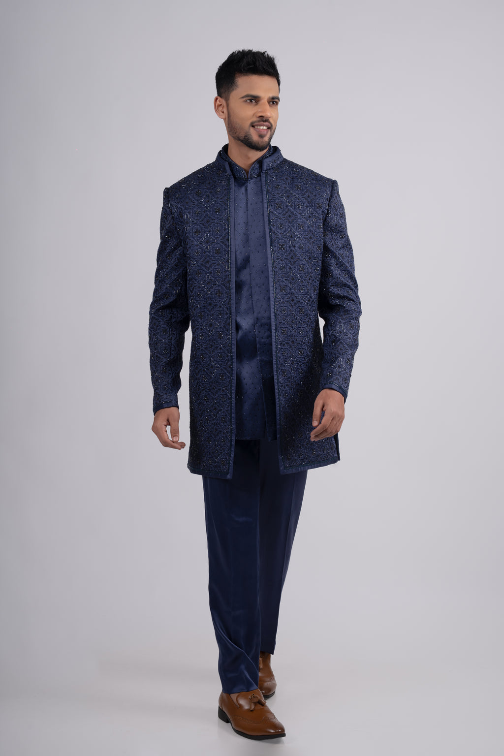 Blue Silk Embroidered Open Jacket Set