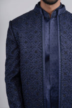 Blue Silk Embroidered Open Jacket Set