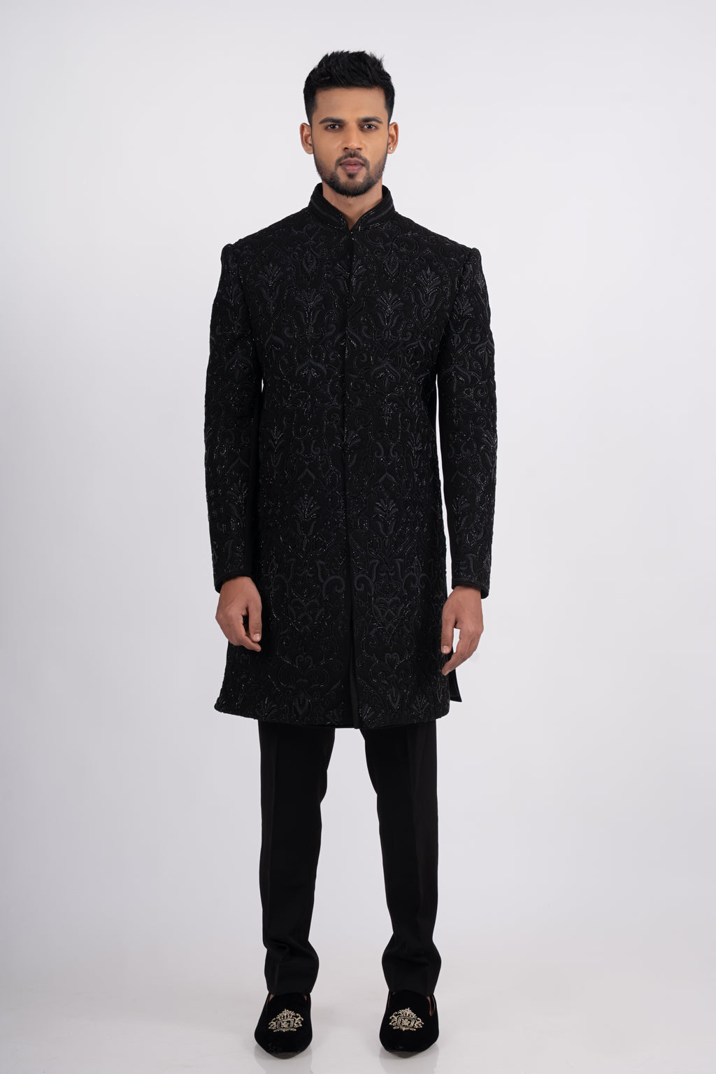 Black Silk Cutdana Bandhgala Indo Western Set