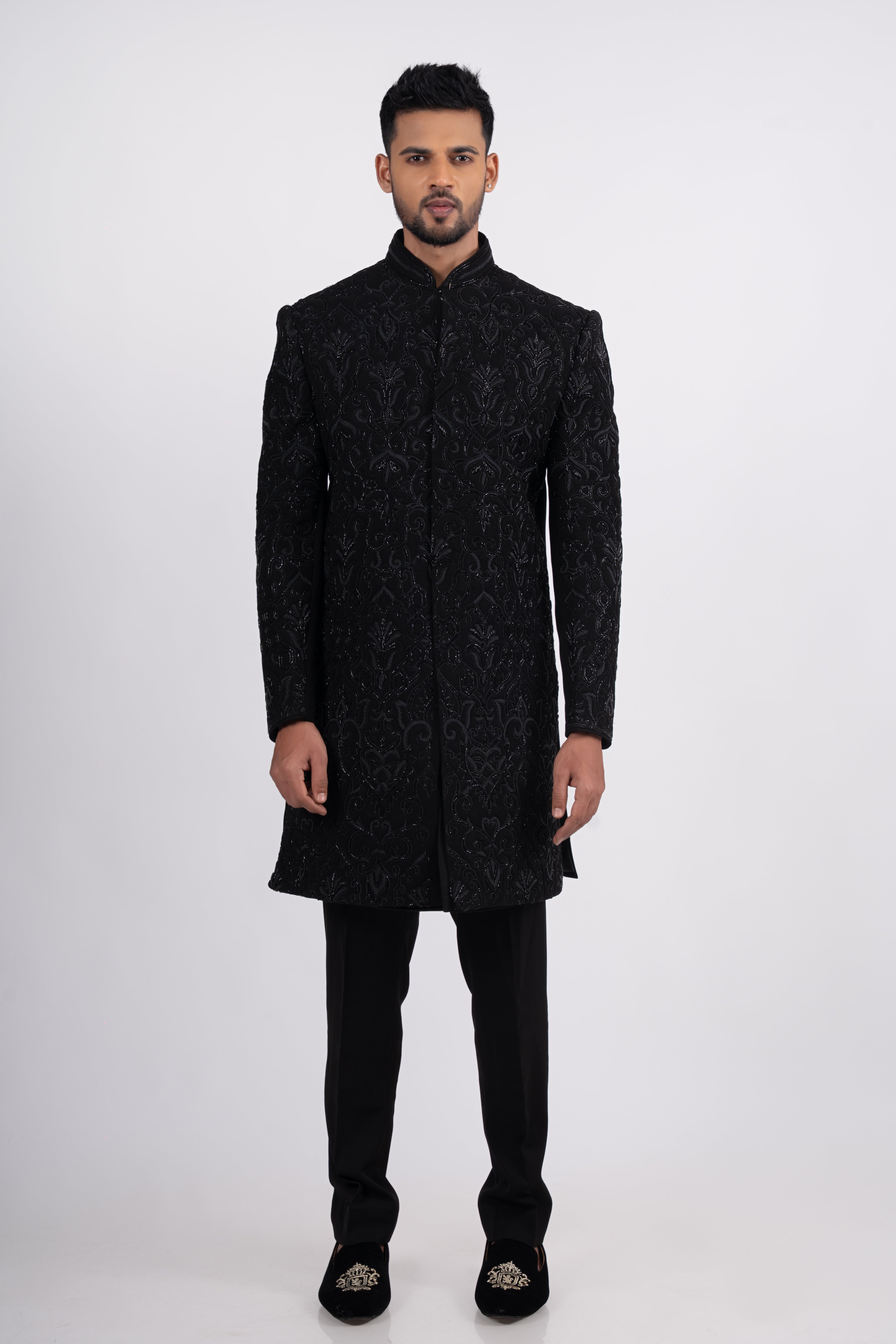 Black Silk Cutdana Bandhgala Indo Western Set