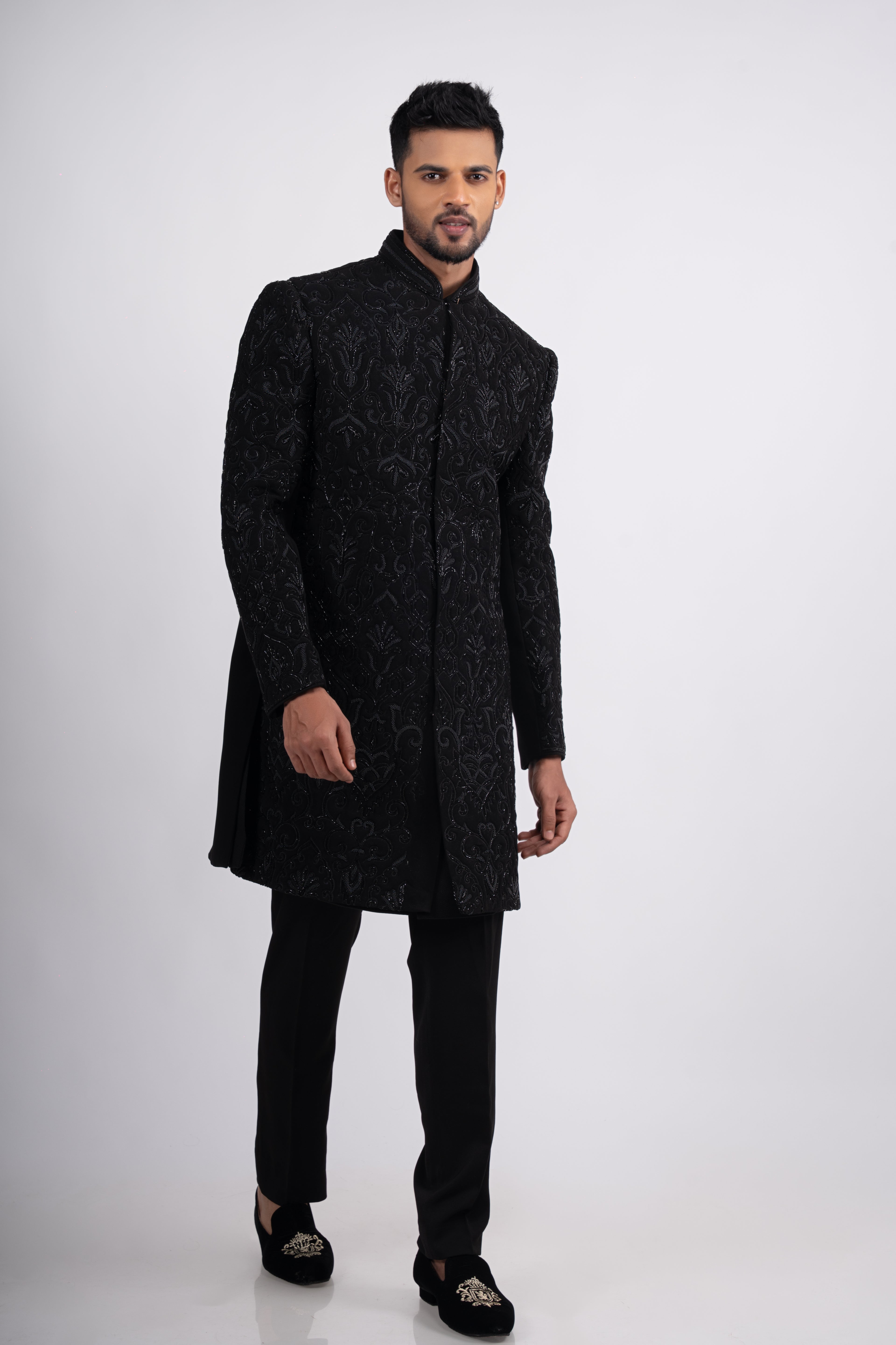 Black Silk Cutdana Bandhgala Indo Western Set
