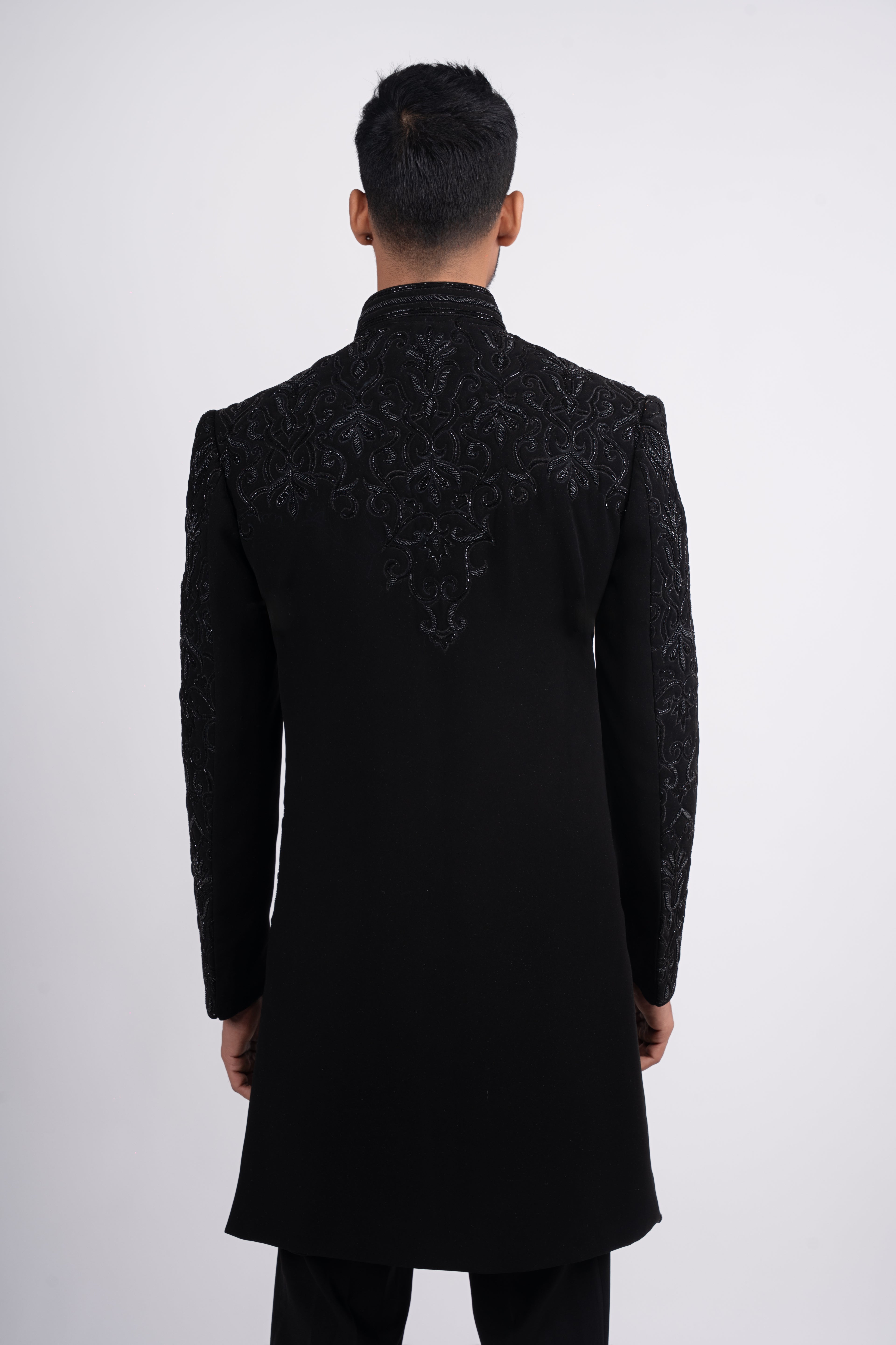 Black Silk Cutdana Bandhgala Indo Western Set