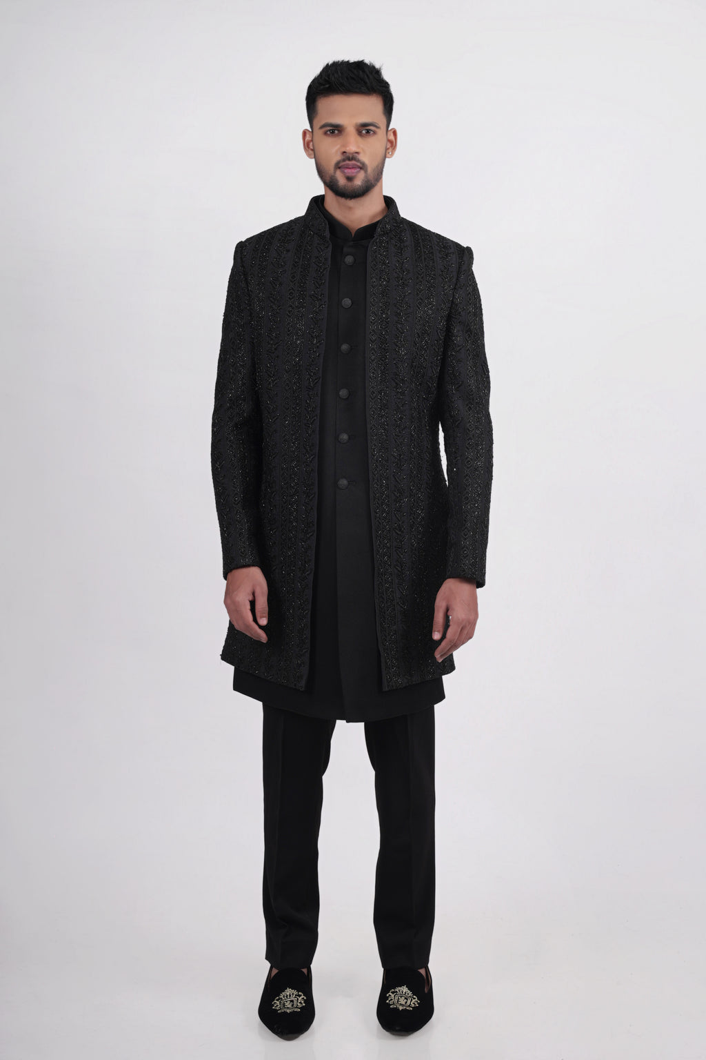 Black Silk Stone Embroidered Open Jacket Indo Western