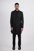 Black Silk Stone Embroidered Open Jacket Indo Western