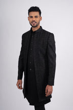 Black Silk Stone Embroidered Open Jacket Indo Western