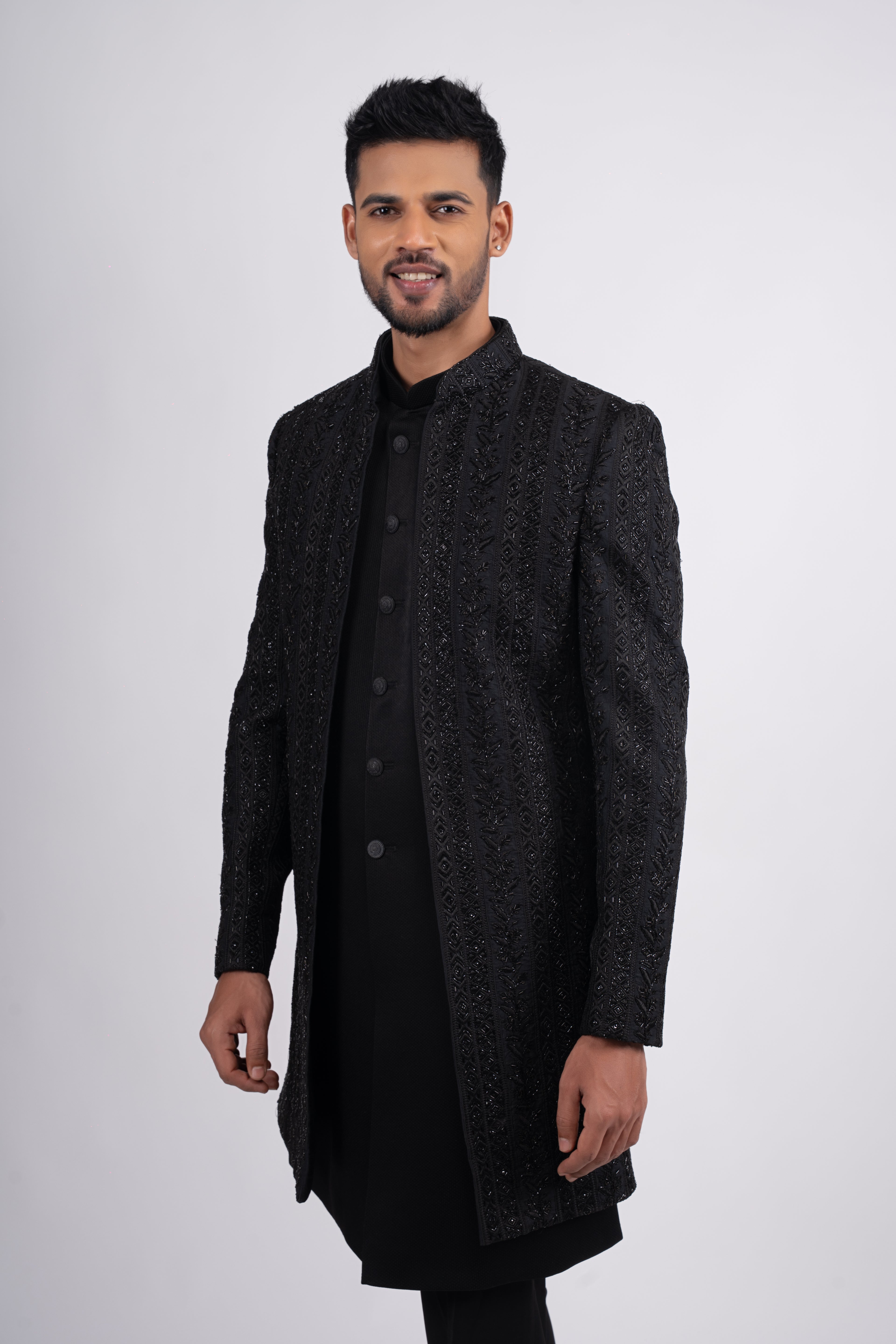 Black Silk Stone Embroidered Open Jacket Indo Western