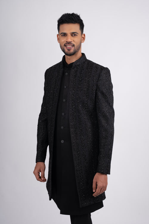 Black Silk Stone Embroidered Open Jacket Indo Western