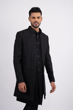 Black Silk Stone Embroidered Open Jacket Indo Western